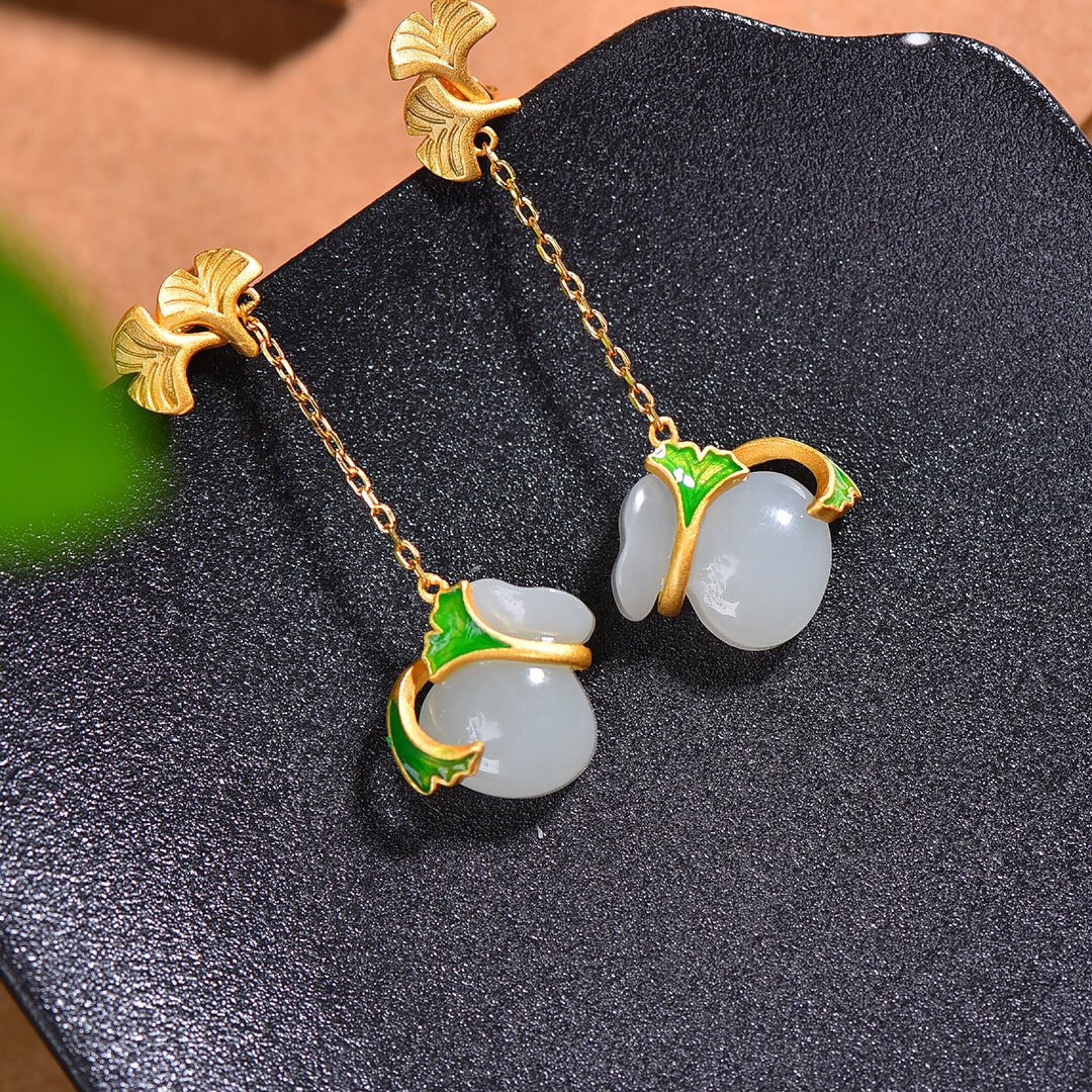 A Set of Fine Sterling Silver-Gold Plated Inlaid White Jade Enamel Jewelrys - 5