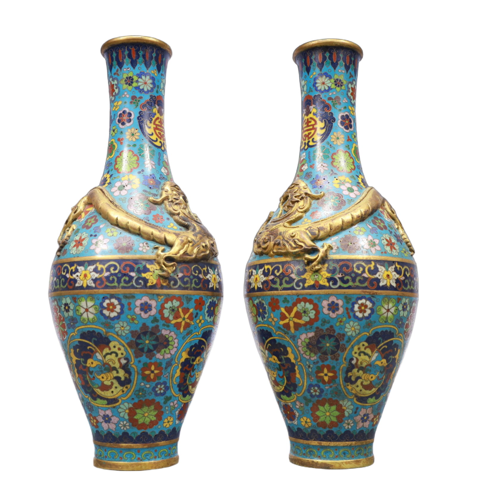 A Pair of Exquisite Cloisonne Flower and Dragon Pattern Vases - 2