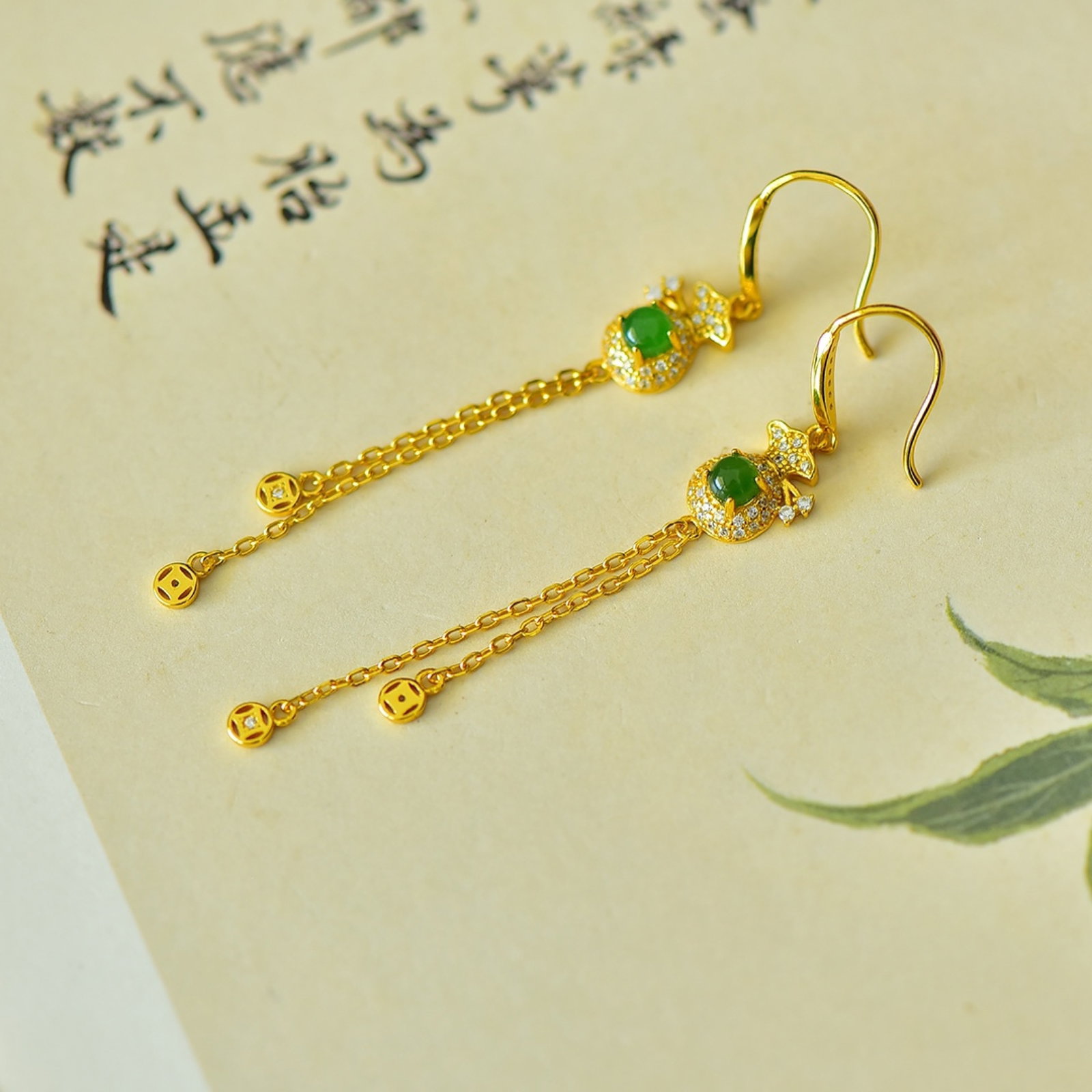 A Pair of Exquisite Sterling Silver-Gold Plated Inlaid Jasper Earrings,Inlaid Gems - 4