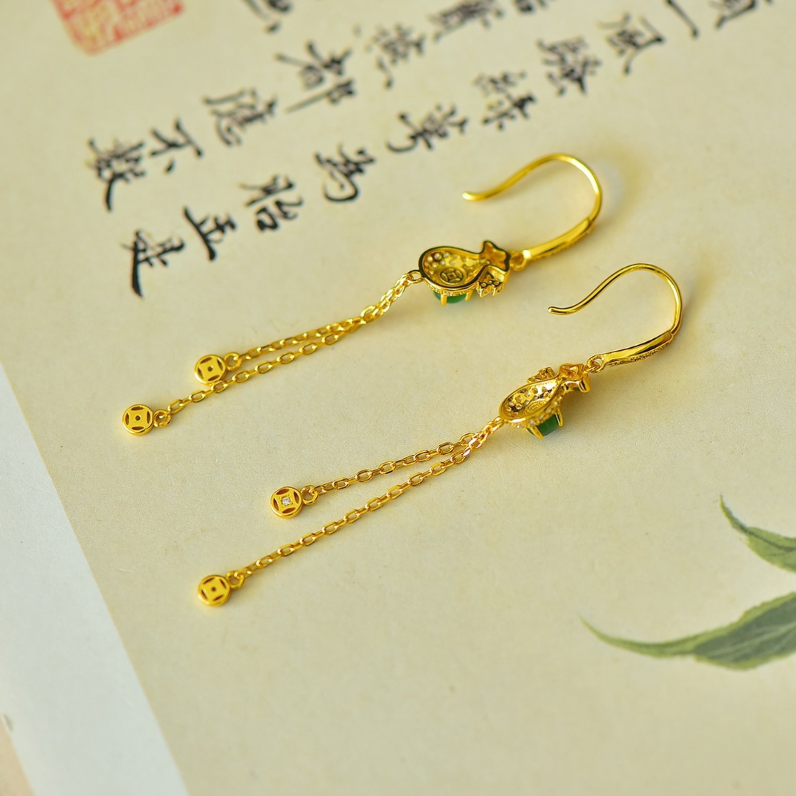 A Pair of Exquisite Sterling Silver-Gold Plated Inlaid Jasper Earrings,Inlaid Gems - 5