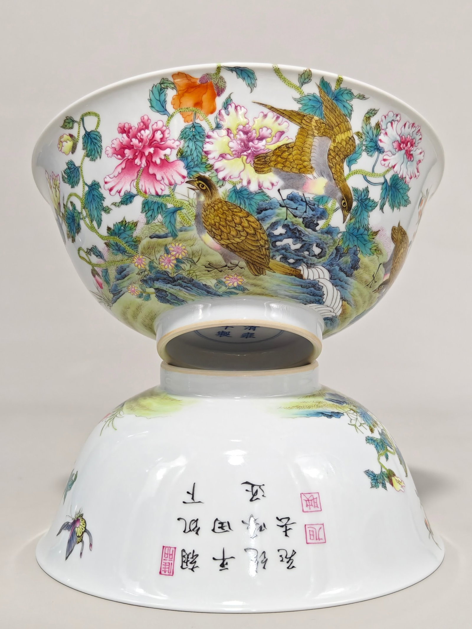 A Pair of Exquisite Enamel Flower and Bird Pattern Bowls,With Poem - 3