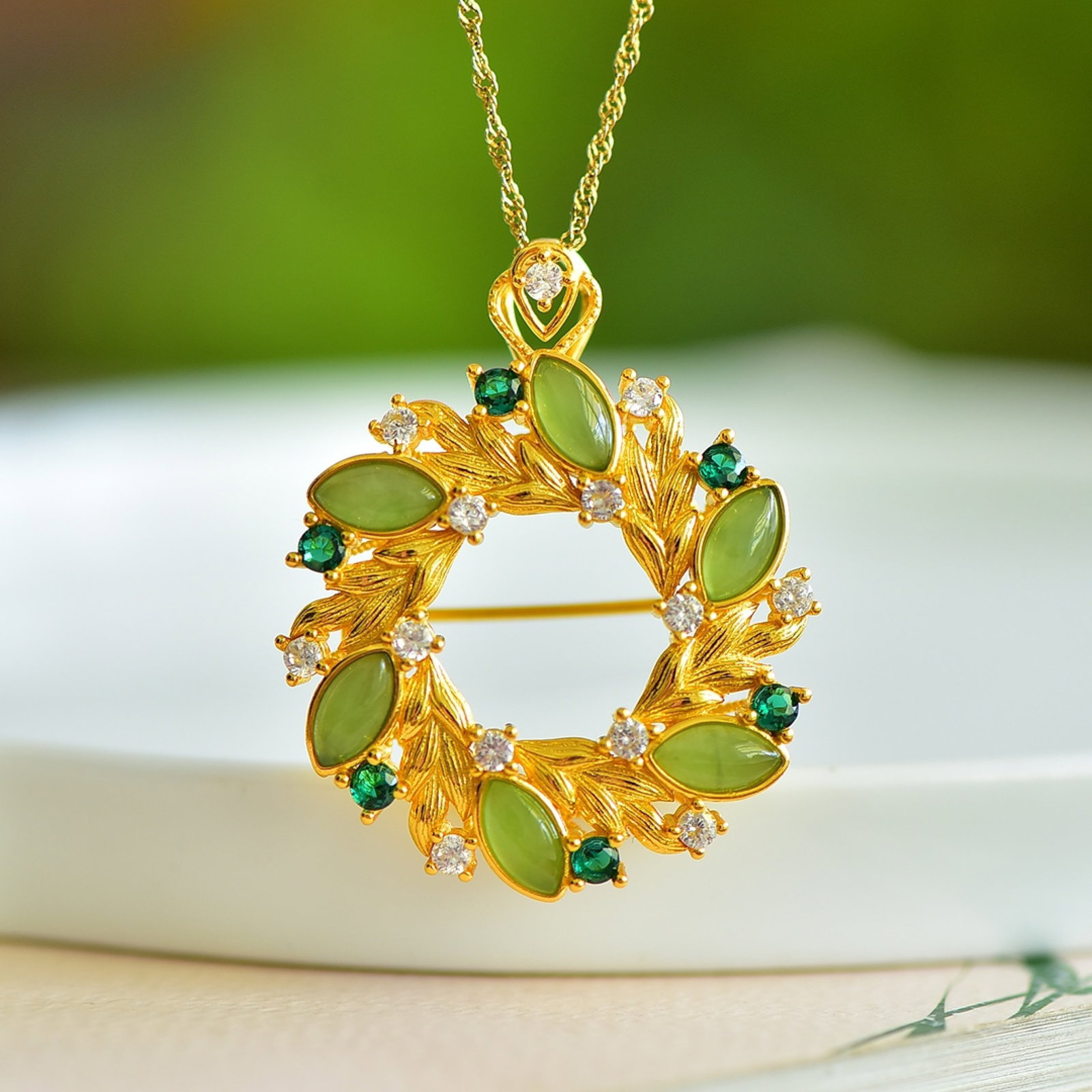 An Exquisite Sterling Silver-Gold Plated Inlaid Jasper Pendant,Inlaid Diamond - 2