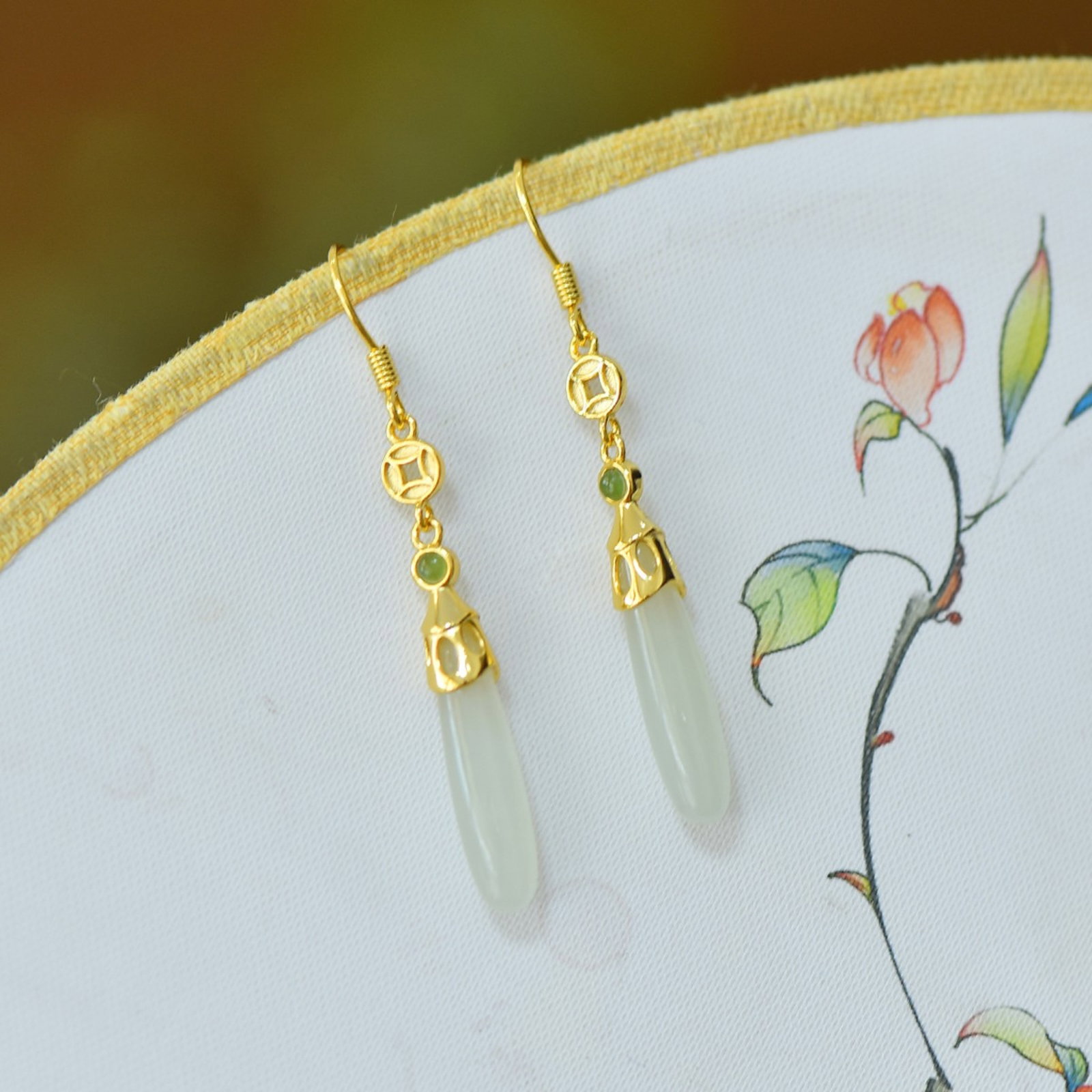 A Pair of Exquisite Sterling Silver-Gold Plated Inlaid White Jade Earrings - 2
