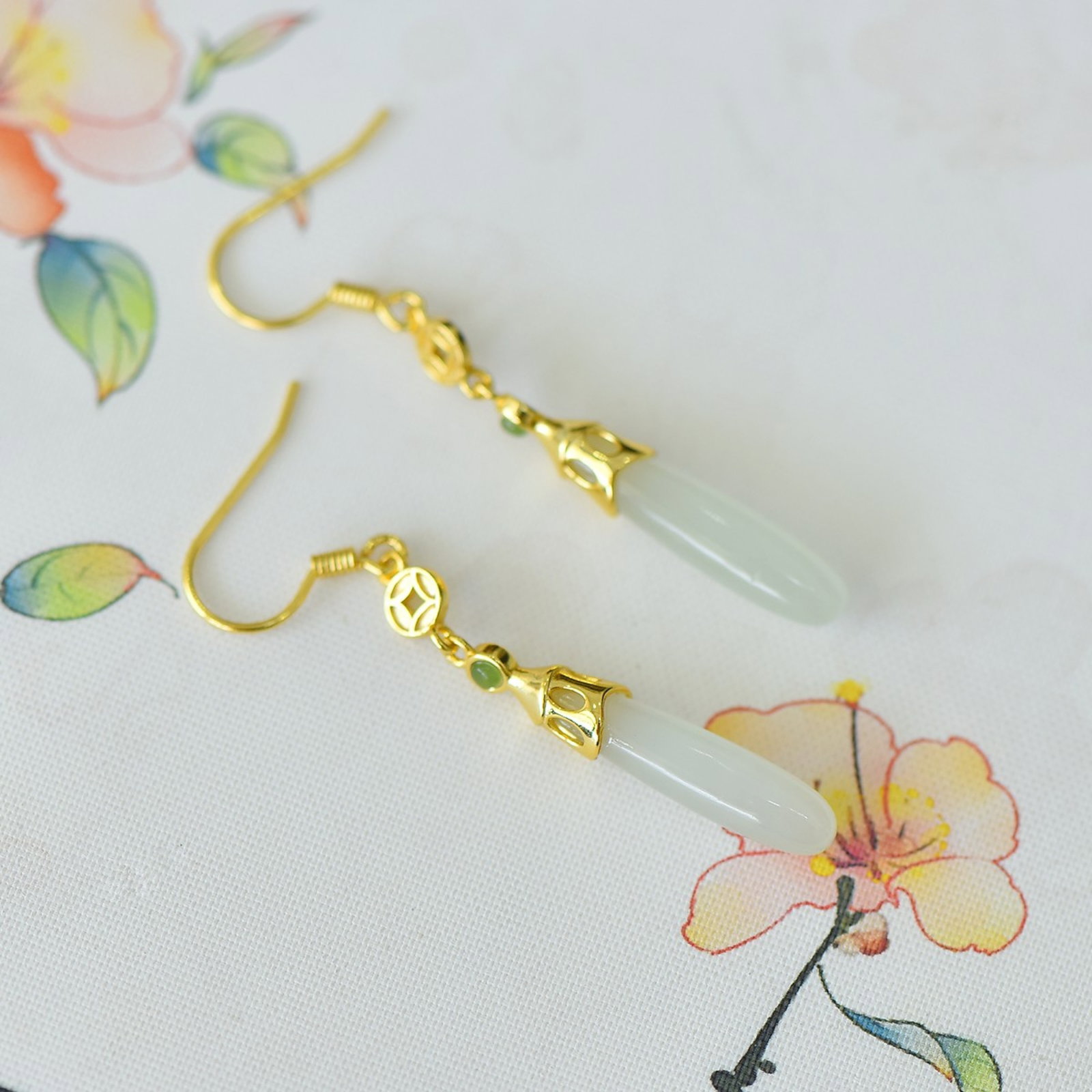 A Pair of Exquisite Sterling Silver-Gold Plated Inlaid White Jade Earrings - 4