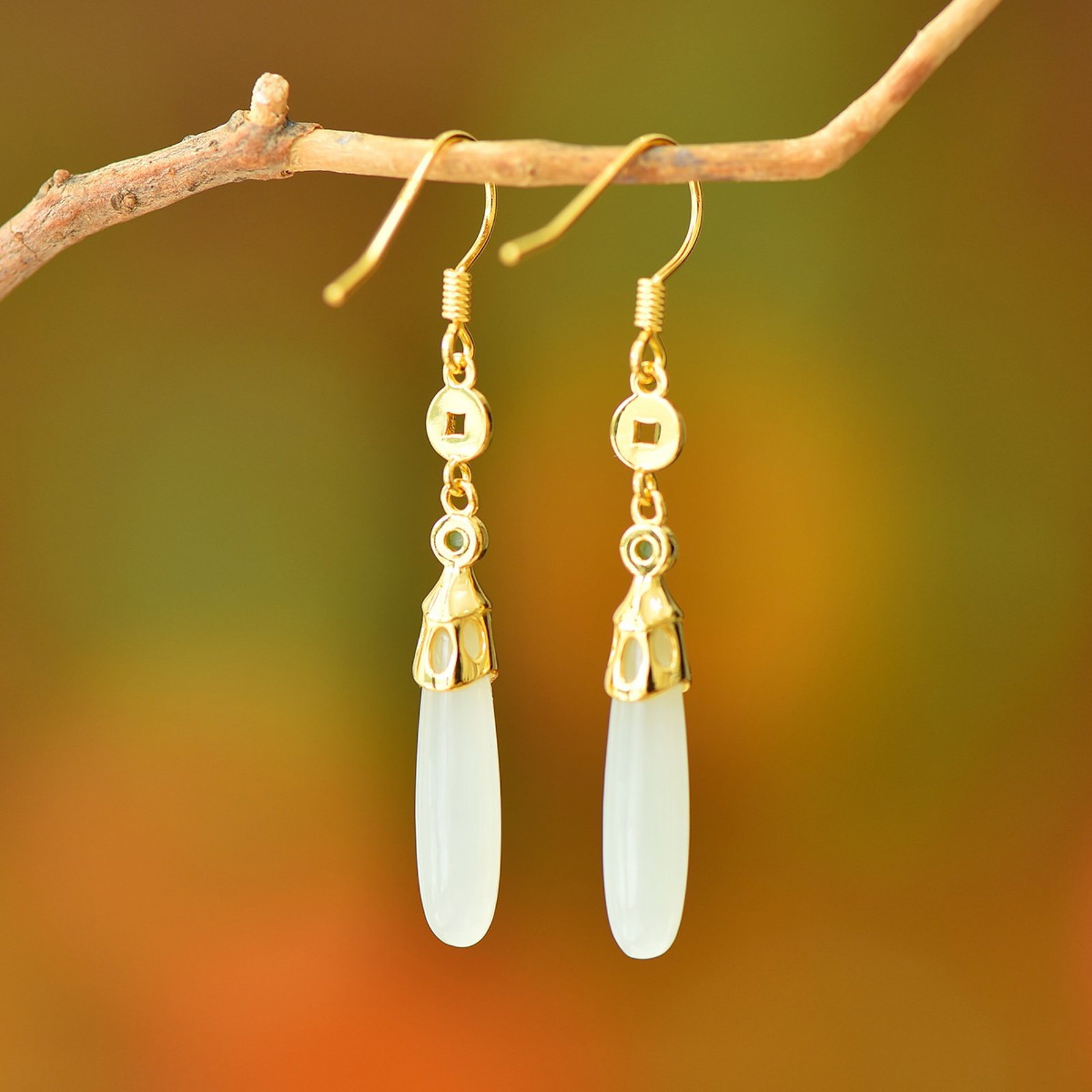A Pair of Exquisite Sterling Silver-Gold Plated Inlaid White Jade Earrings - 5
