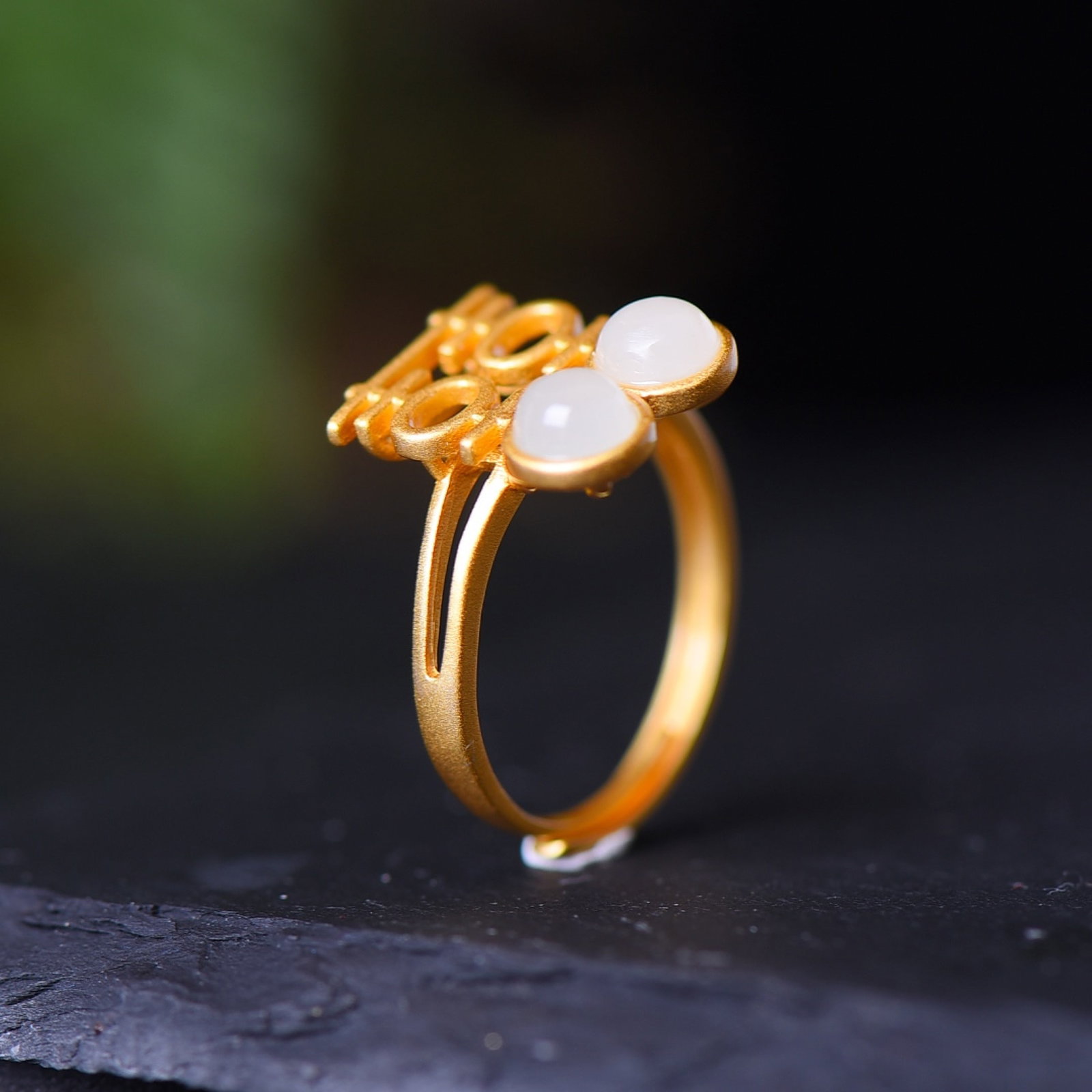 An Exquisite Sterling Silver-Gold Plated Inlaid White Jade Ring - 5