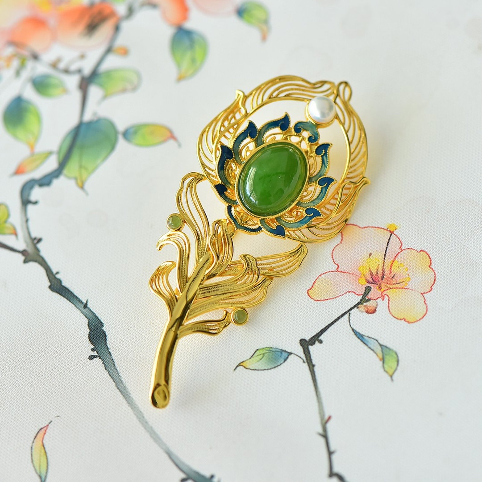 An Exquisite Sterling Silver-Gold Plated Inlaid Jasper Brooch - 4