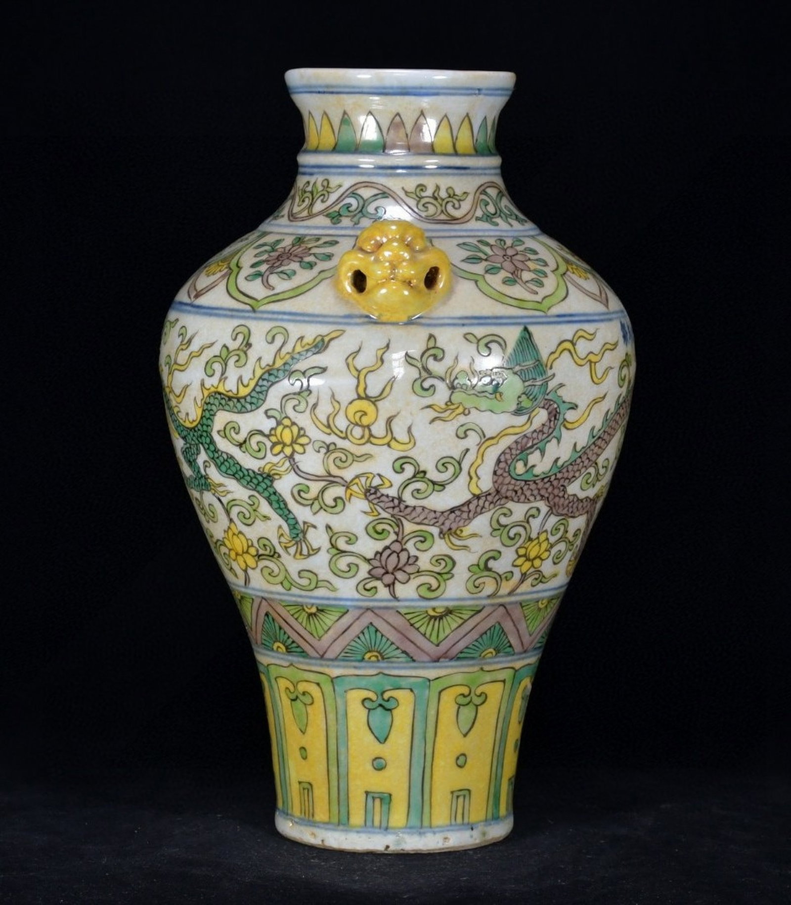 A Rare Biscuit Lotus and Dragon Pattern Beast-Ears Vase - 2