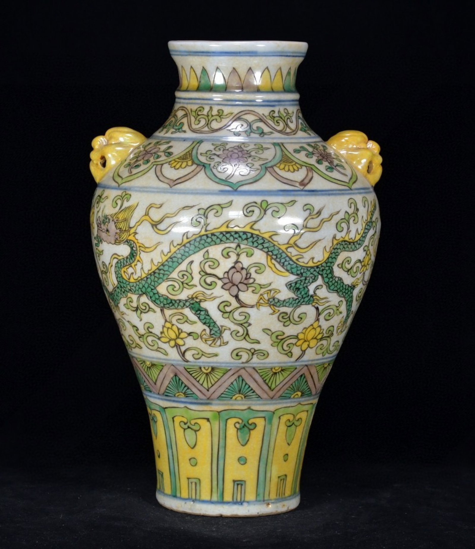 A Rare Biscuit Lotus and Dragon Pattern Beast-Ears Vase - 3