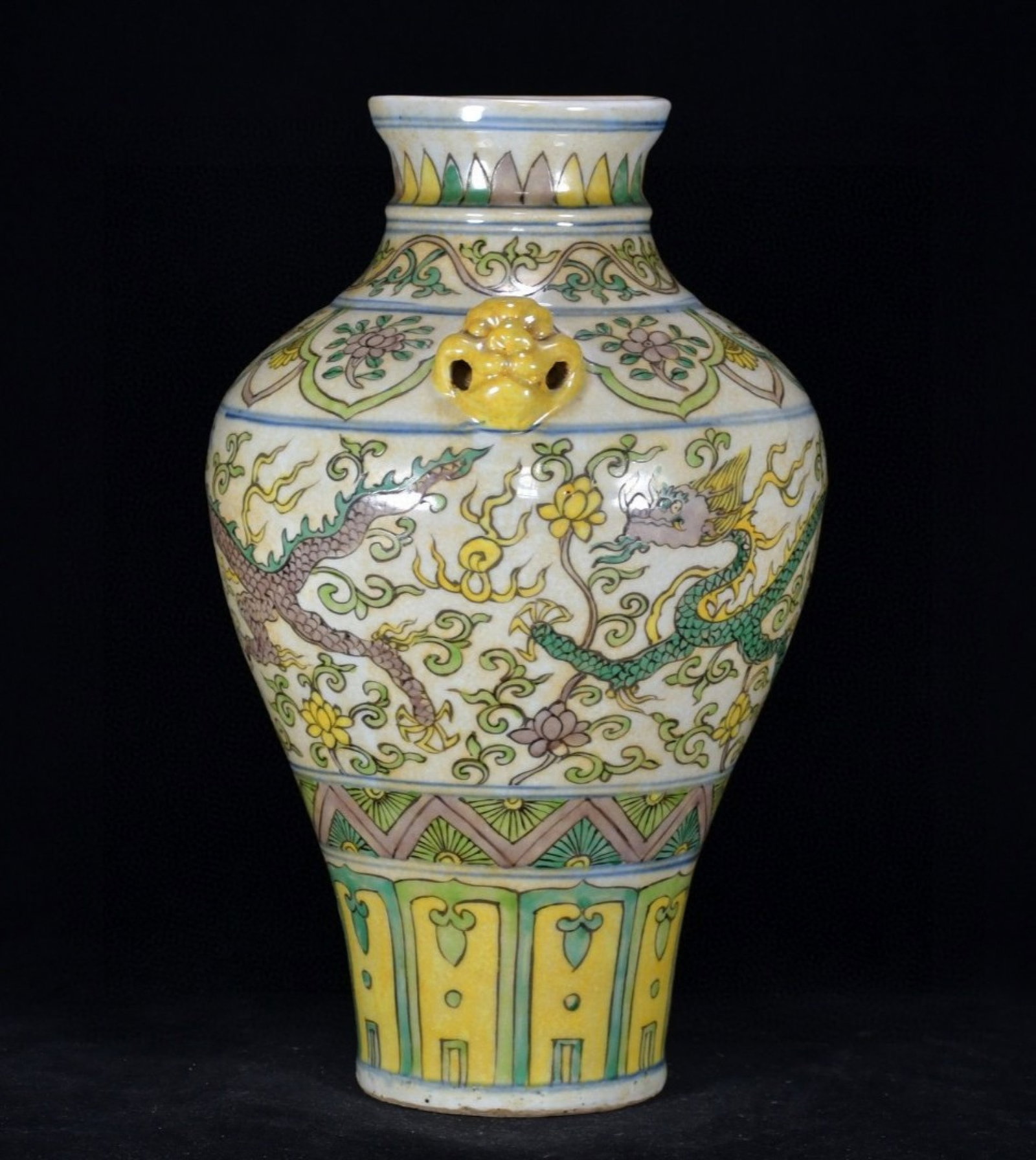 A Rare Biscuit Lotus and Dragon Pattern Beast-Ears Vase - 4