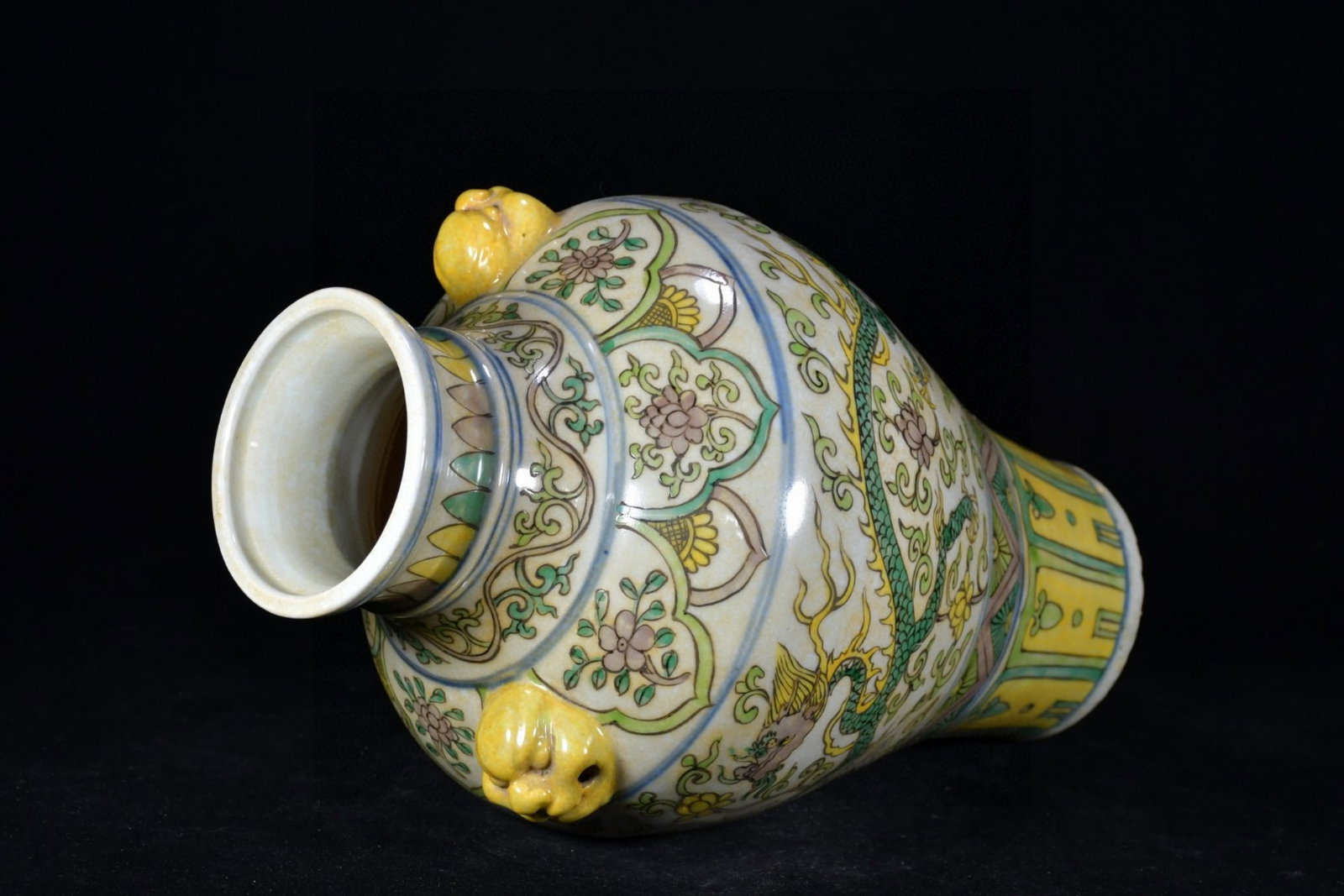 A Rare Biscuit Lotus and Dragon Pattern Beast-Ears Vase - 6