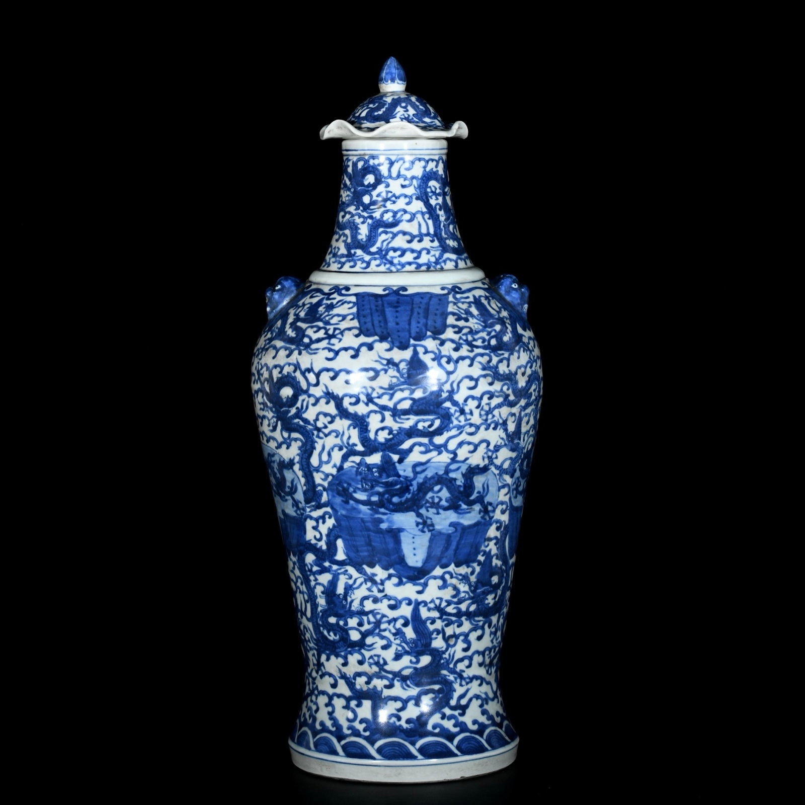 A Huge Blue and White Dragon Pattern Beast-Ears Bottle: Estimated Value:4800-9600 A Huge Blue and White Dragon Pattern Beast-Ears Bottle,Ming Dynasty,China,Jiajing Six-character Mark,Size:19.3inx8.3in 青花龙纹兽耳盖