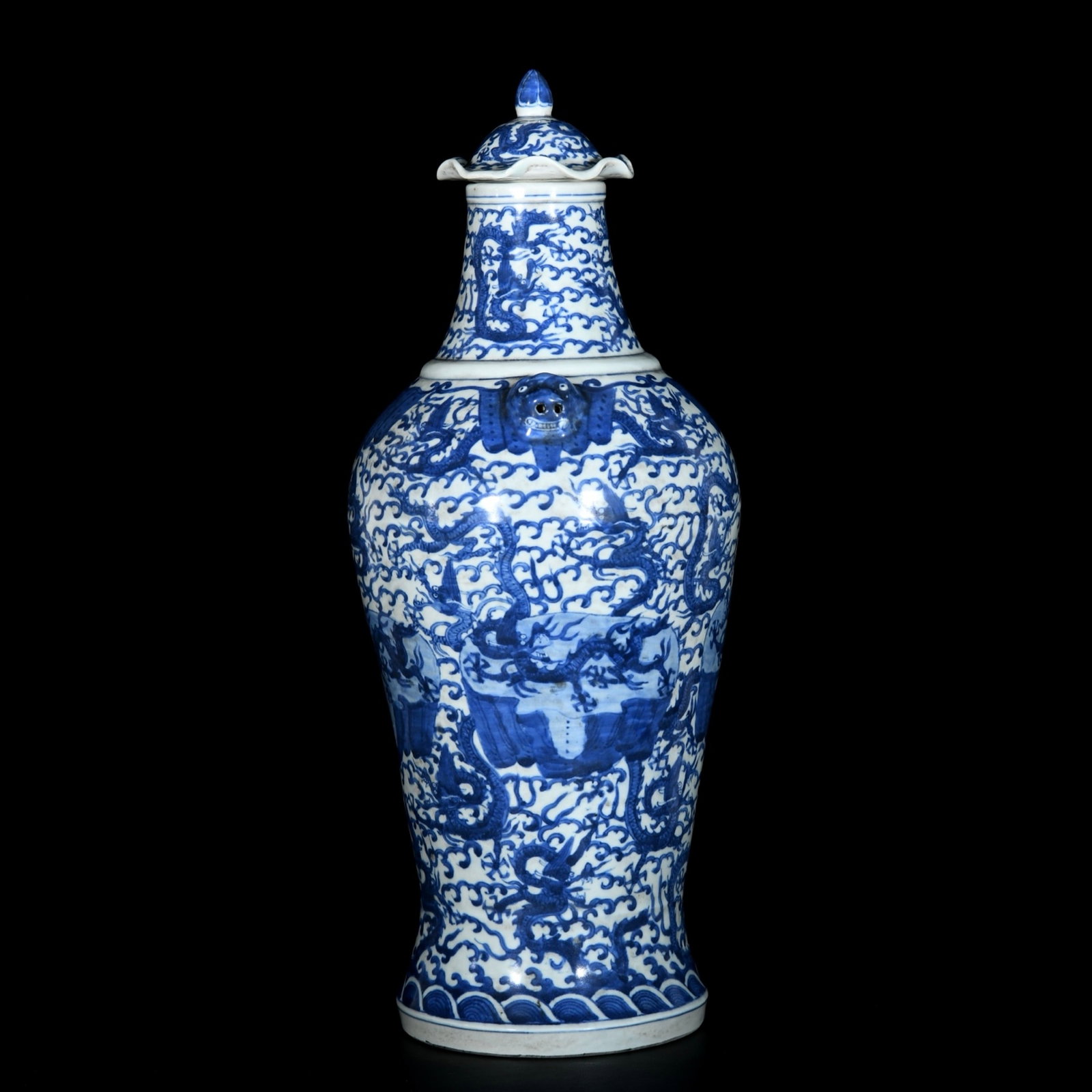 A Huge Blue and White Dragon Pattern Beast-Ears Bottle - 5