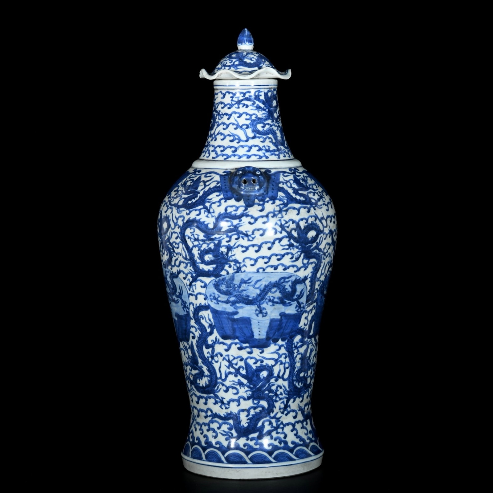 A Huge Blue and White Dragon Pattern Beast-Ears Bottle - 7