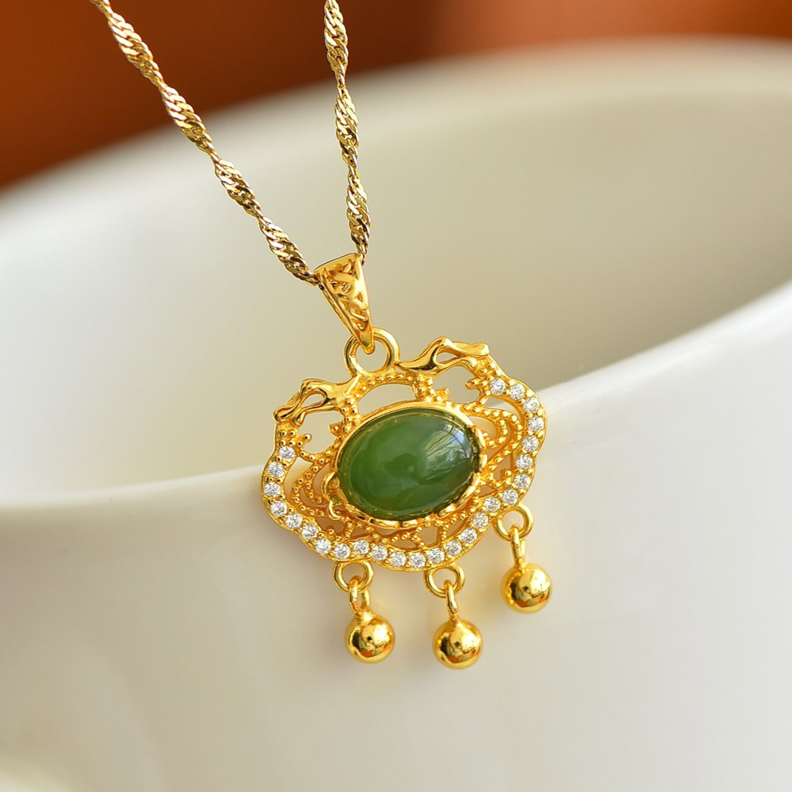 An Exquisite Sterling Silver-Gold Plated Inlaid Jasper Pendant,Inlaid Diamond: Estimated Value:400-800 An Exquisite Sterling Silver-Gold Plated Inlaid Jasper Pendant,Inlaid Diamond,Size:8mmx10mm