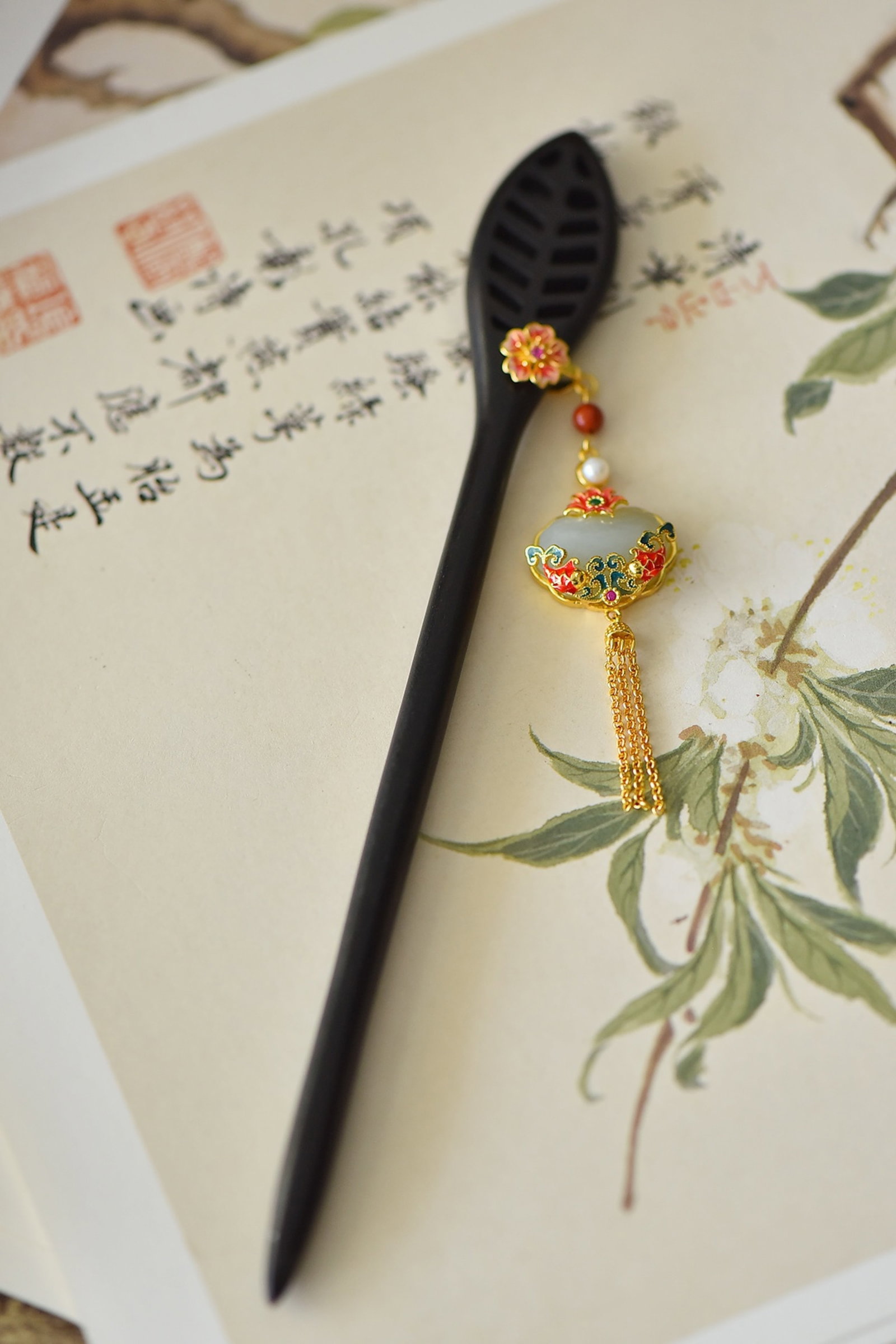 An Exquisite Sterling Silver-Gold Plated Inlaid White Jade Enamel Ebony Hairpin - 3