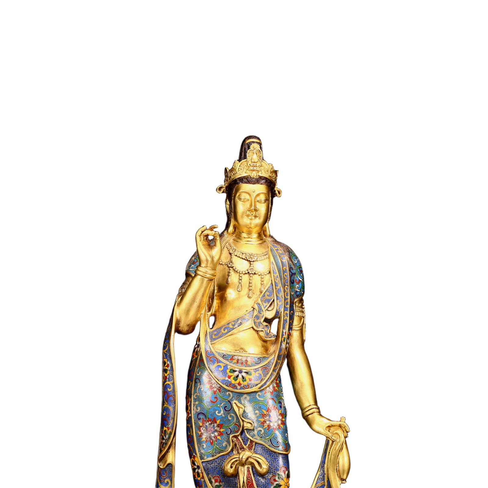 A Huge Cloisonne Statue of Guanyin: Estimated Value:22000-44000 A Huge Cloisonne Statue of Guanyin,Qing Dynasty, China,Qianlong Six-character Mark,Size:8.7inx26.4in,Weight:14.830kg