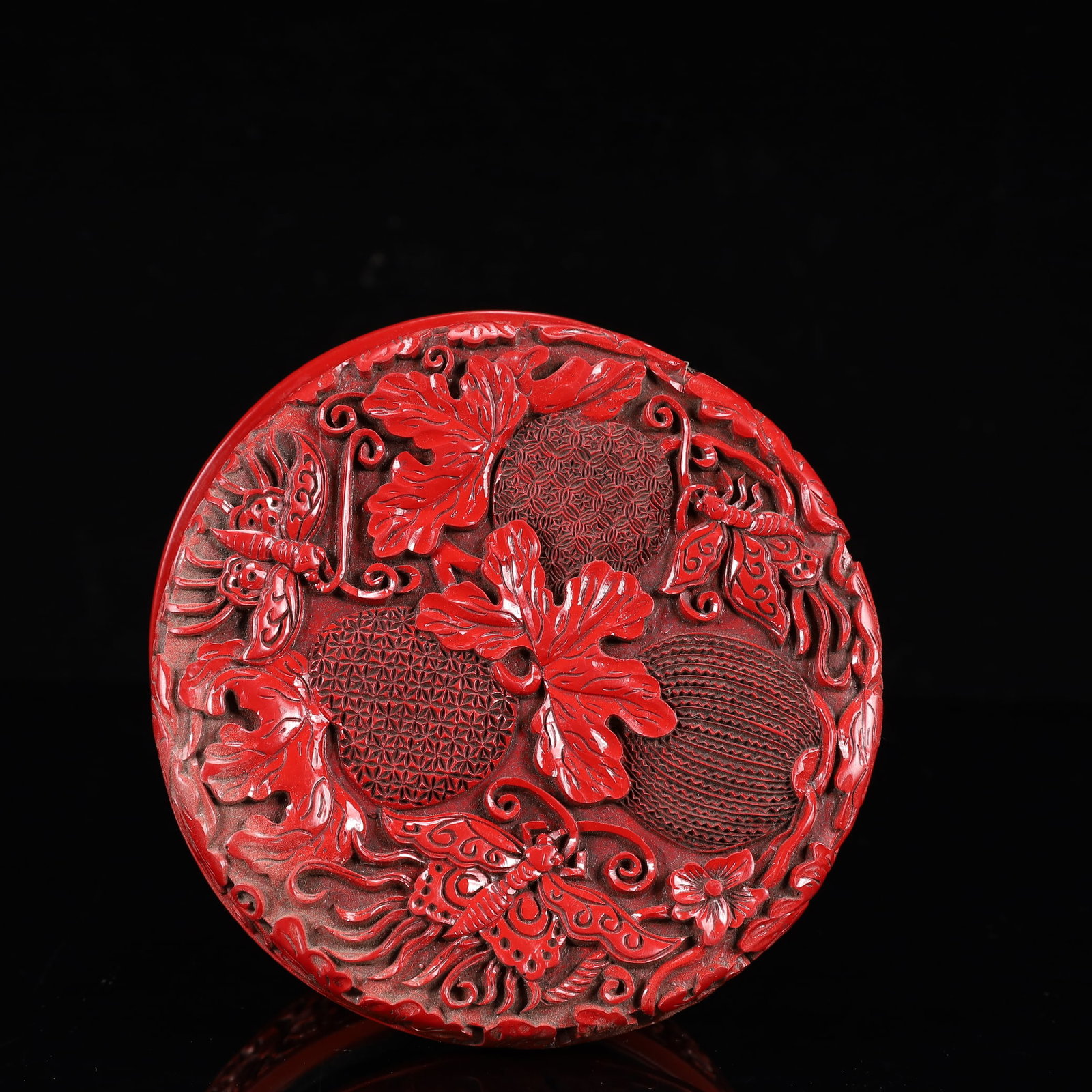 An Exquisite Carved Red Lacquer Flower and Butterfly Pattern Box with Cover - 7