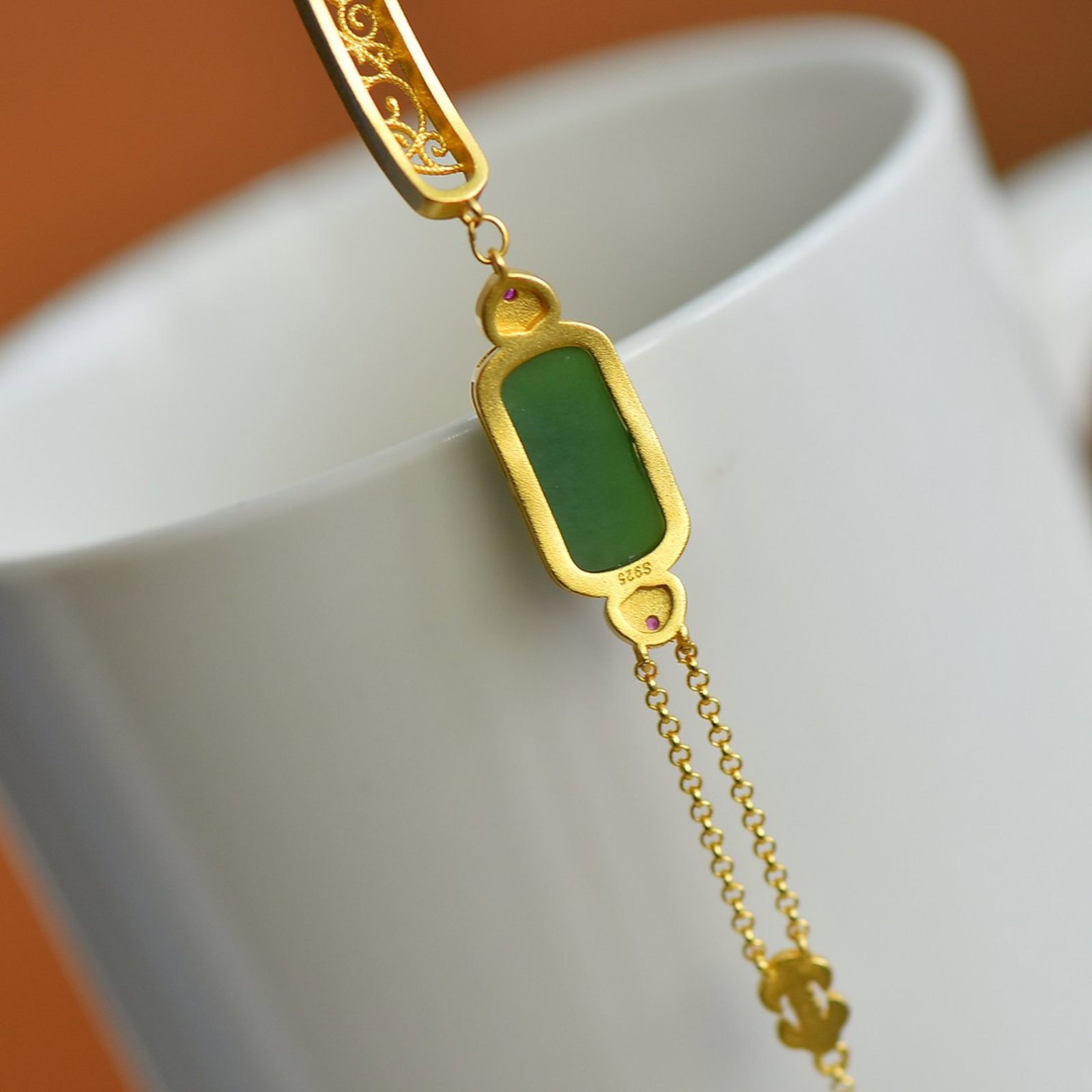 An Exquisite Sterling Silver-Gold Plated Inlaid Jasper Bracelets - 2