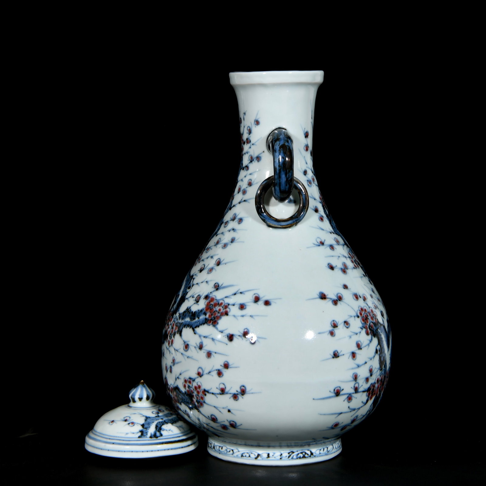 A Rare Blue and White Underglaze-Red Plum Blossom Pattern Elephant-Ears Vase,With Poem - 6