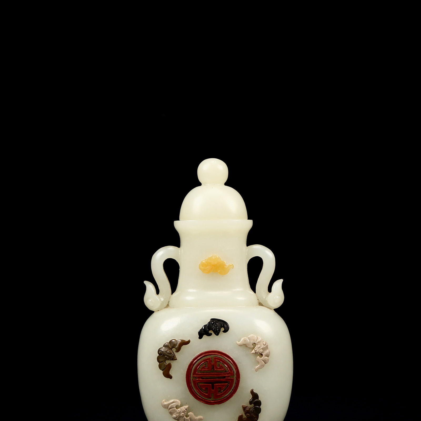 An Exquisite White Jade Inlaid Gems Bats Pattern Double-Ears Bottle - 2