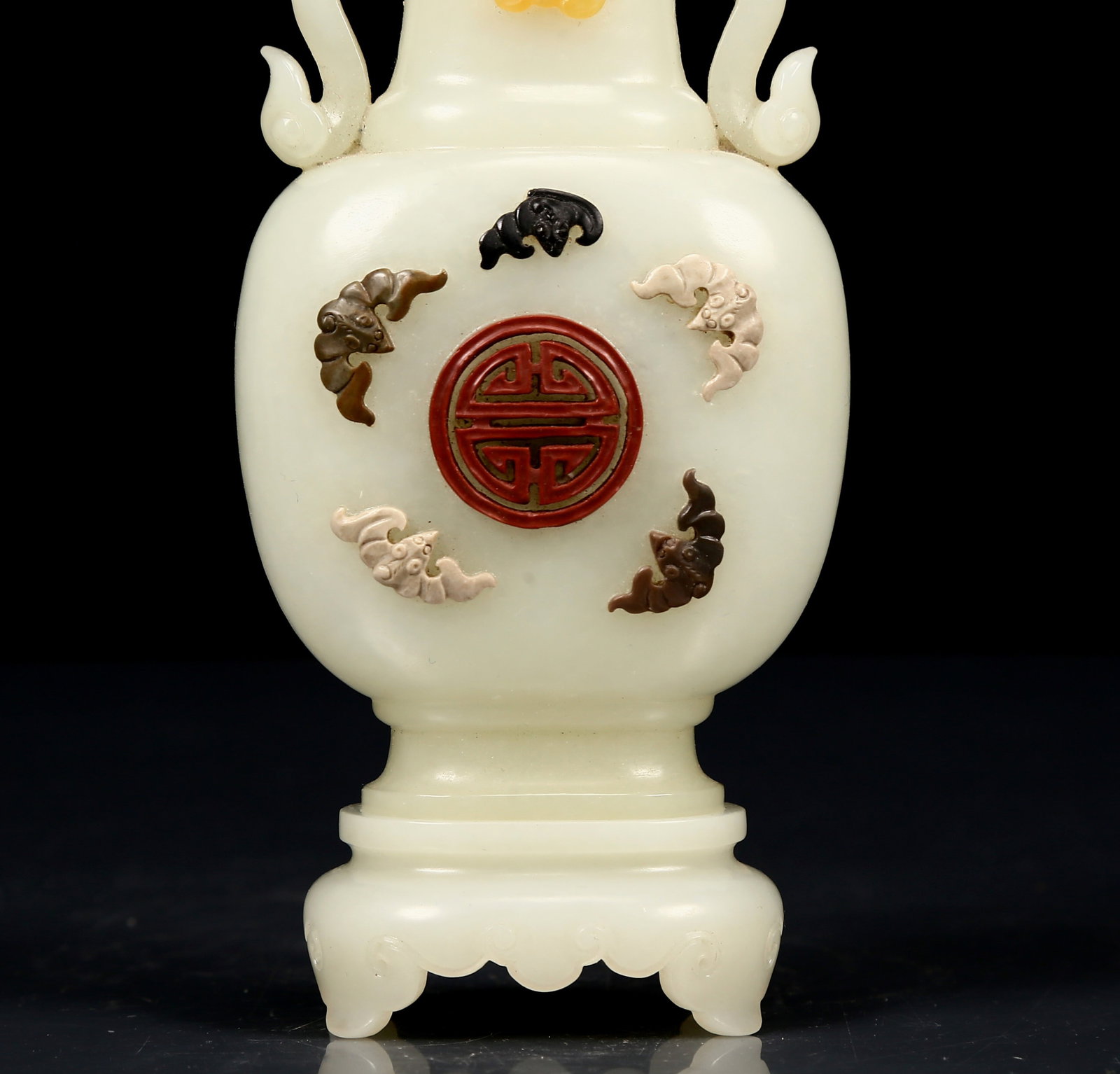 An Exquisite White Jade Inlaid Gems Bats Pattern Double-Ears Bottle - 3