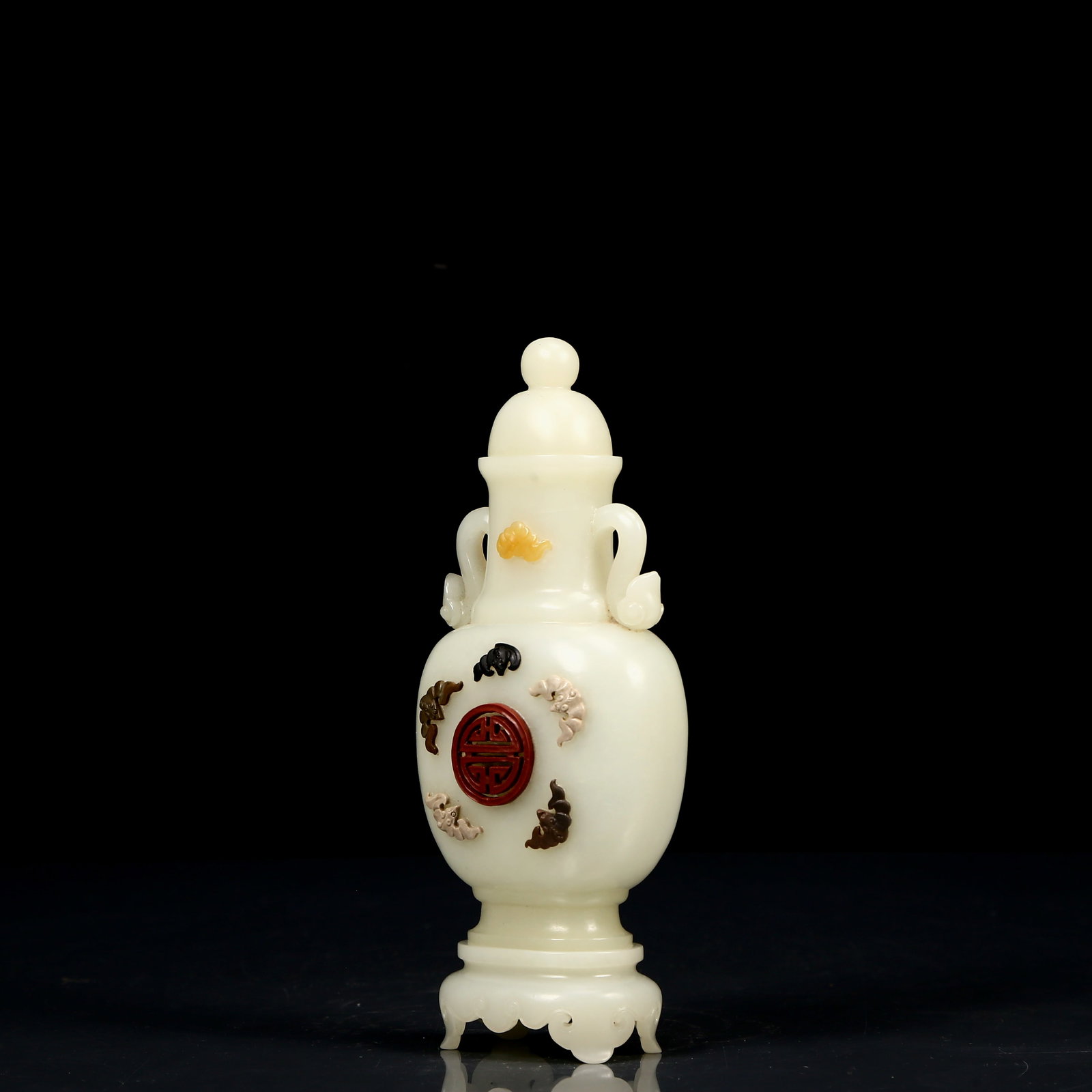 An Exquisite White Jade Inlaid Gems Bats Pattern Double-Ears Bottle - 4