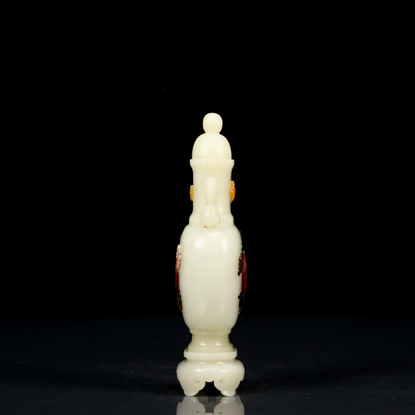 An Exquisite White Jade Inlaid Gems Bats Pattern Double-Ears Bottle - 5