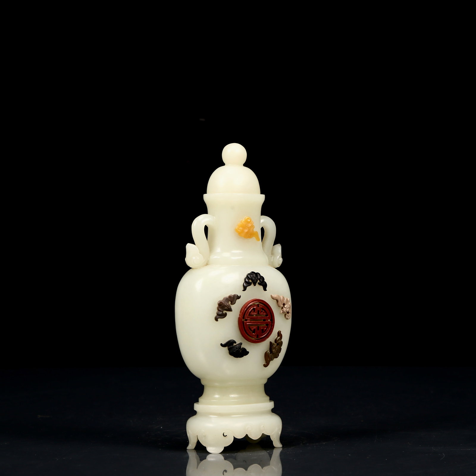 An Exquisite White Jade Inlaid Gems Bats Pattern Double-Ears Bottle - 6