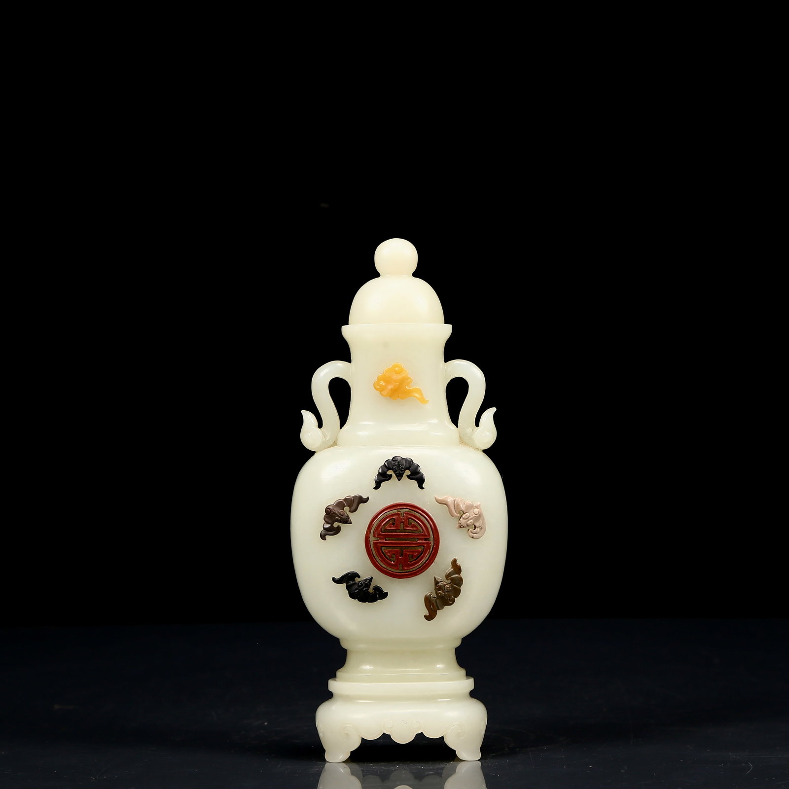 An Exquisite White Jade Inlaid Gems Bats Pattern Double-Ears Bottle - 7