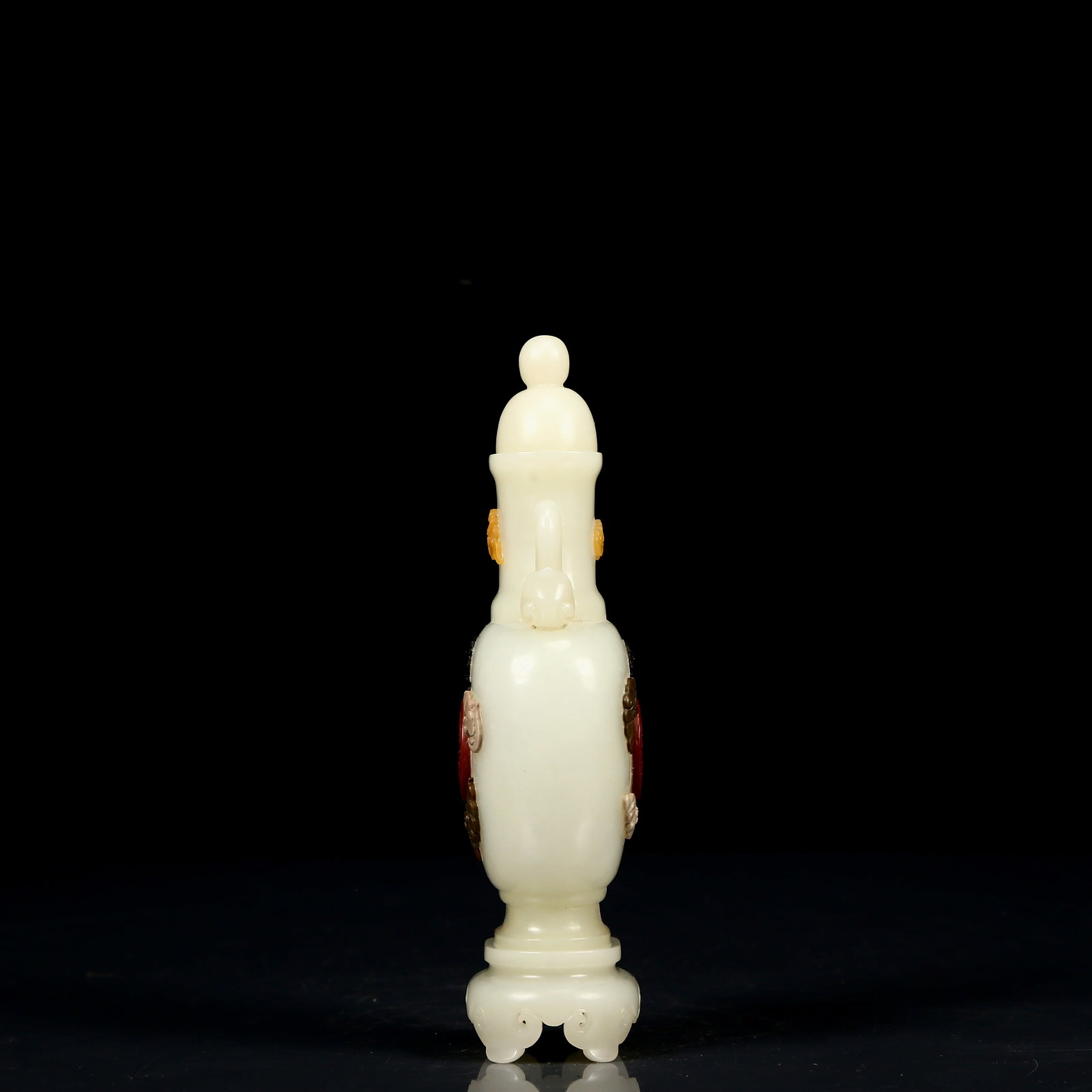 An Exquisite White Jade Inlaid Gems Bats Pattern Double-Ears Bottle - 8