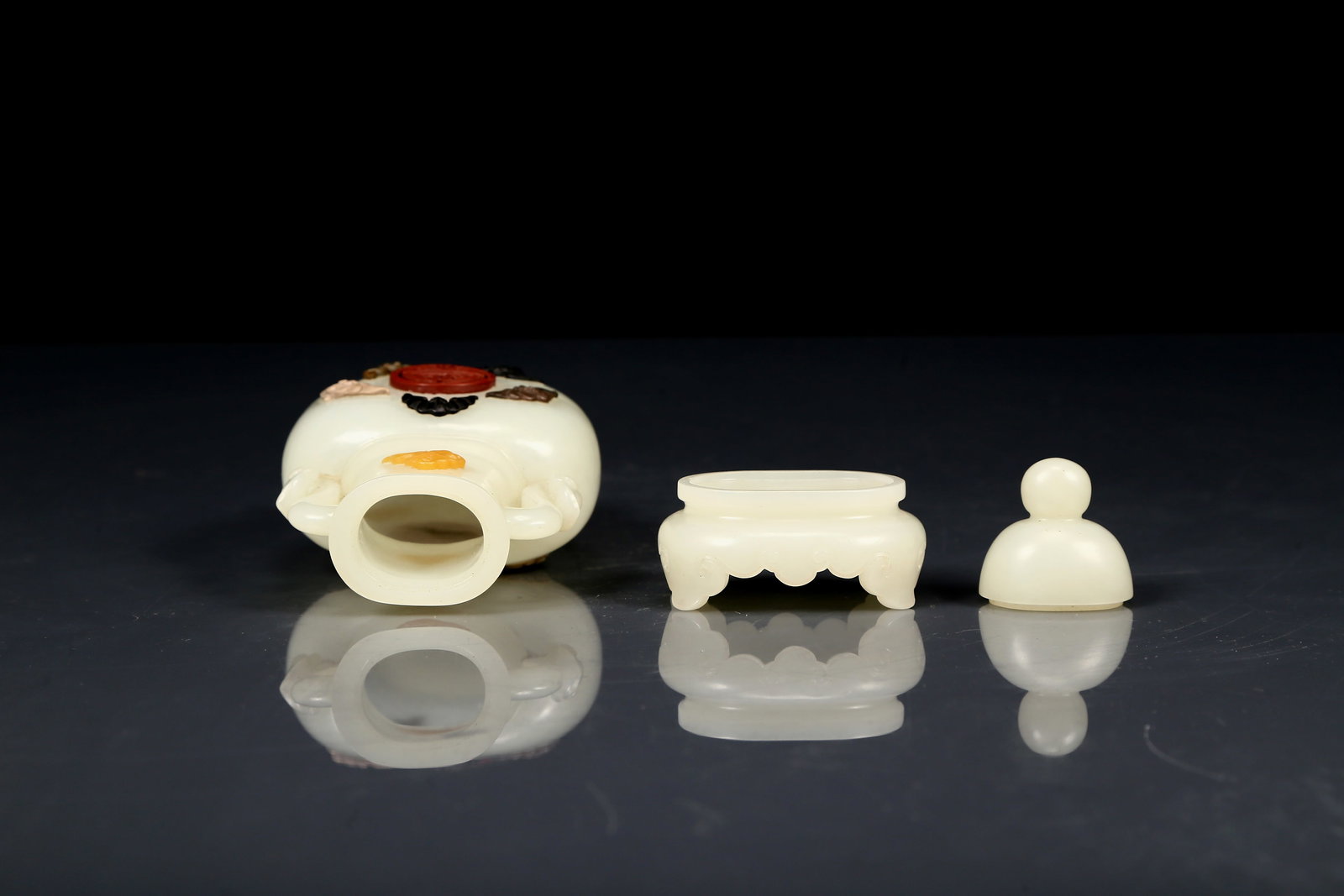 An Exquisite White Jade Inlaid Gems Bats Pattern Double-Ears Bottle - 9