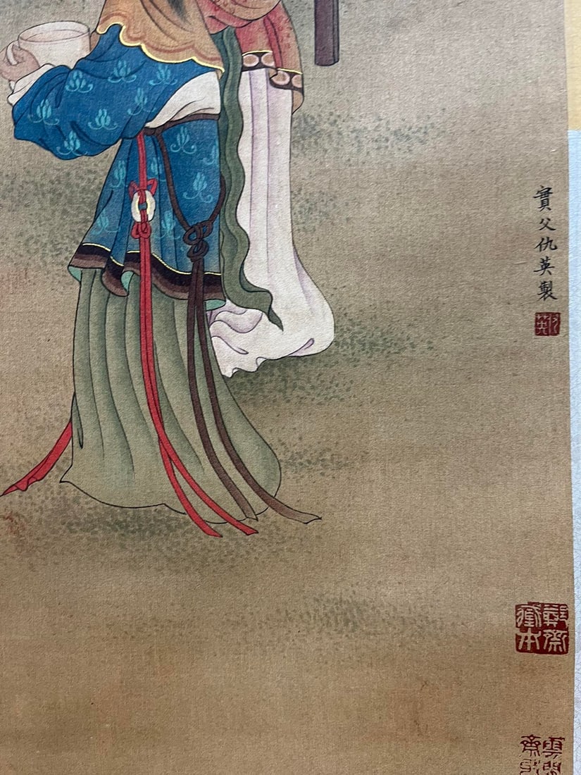 A Chinese Vertical Scroll Ink Painting of Figure on Silk,Chou Ying - 12