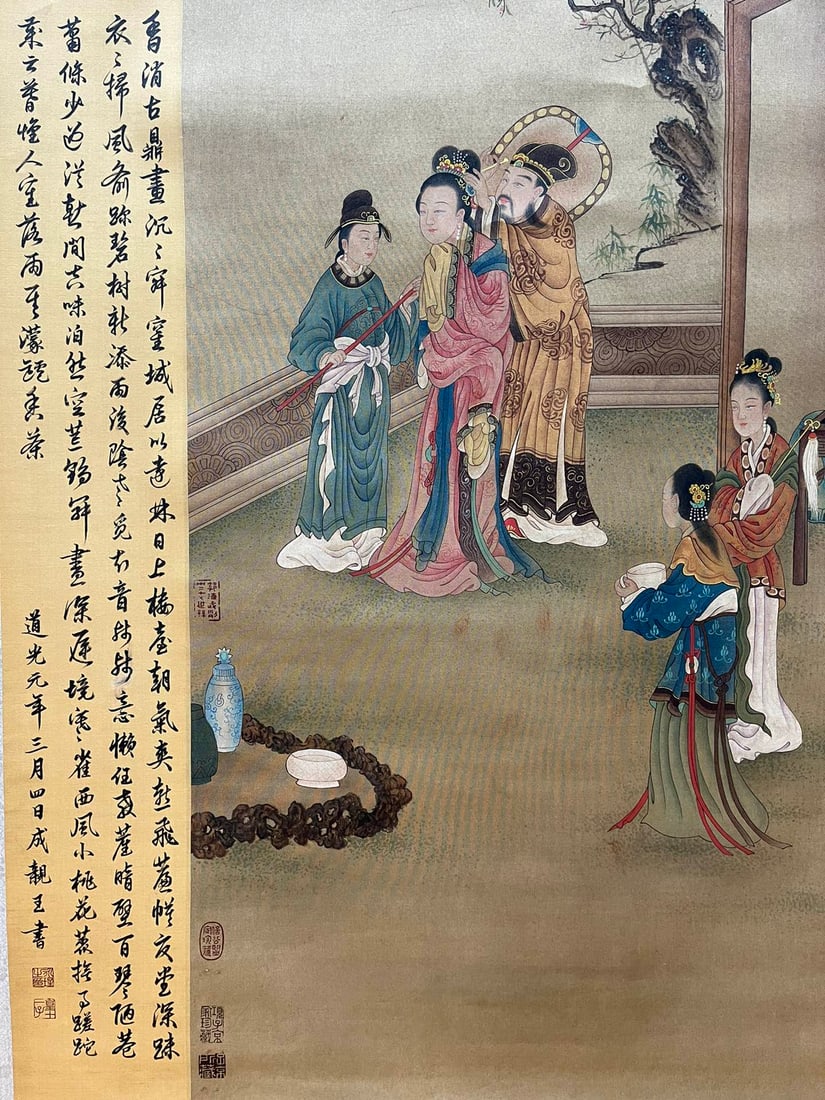 A Chinese Vertical Scroll Ink Painting of Figure on Silk,Chou Ying - 9