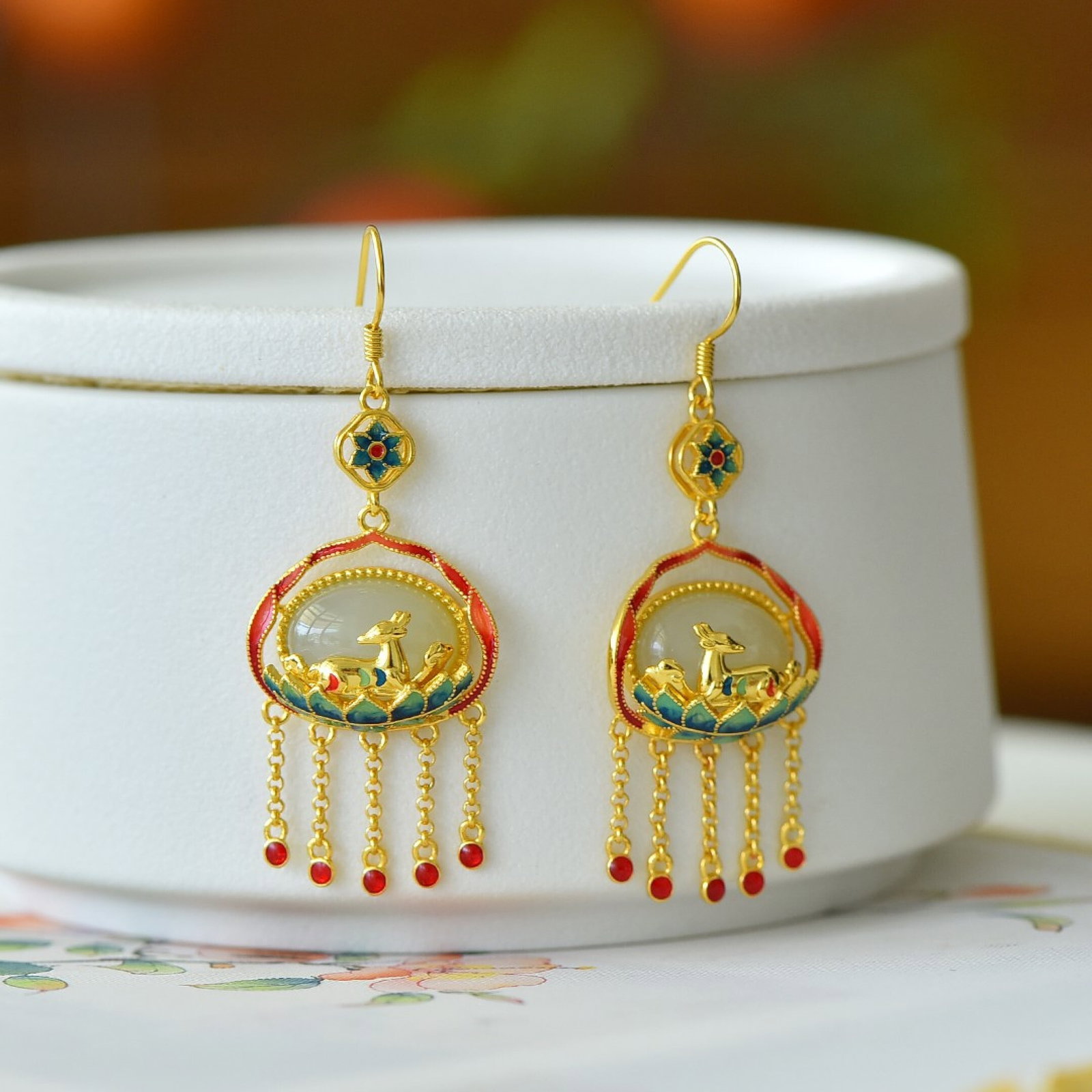 A Set of Fine Sterling Silver-Gold Plated Inlaid White Jade Jewelrys - 4