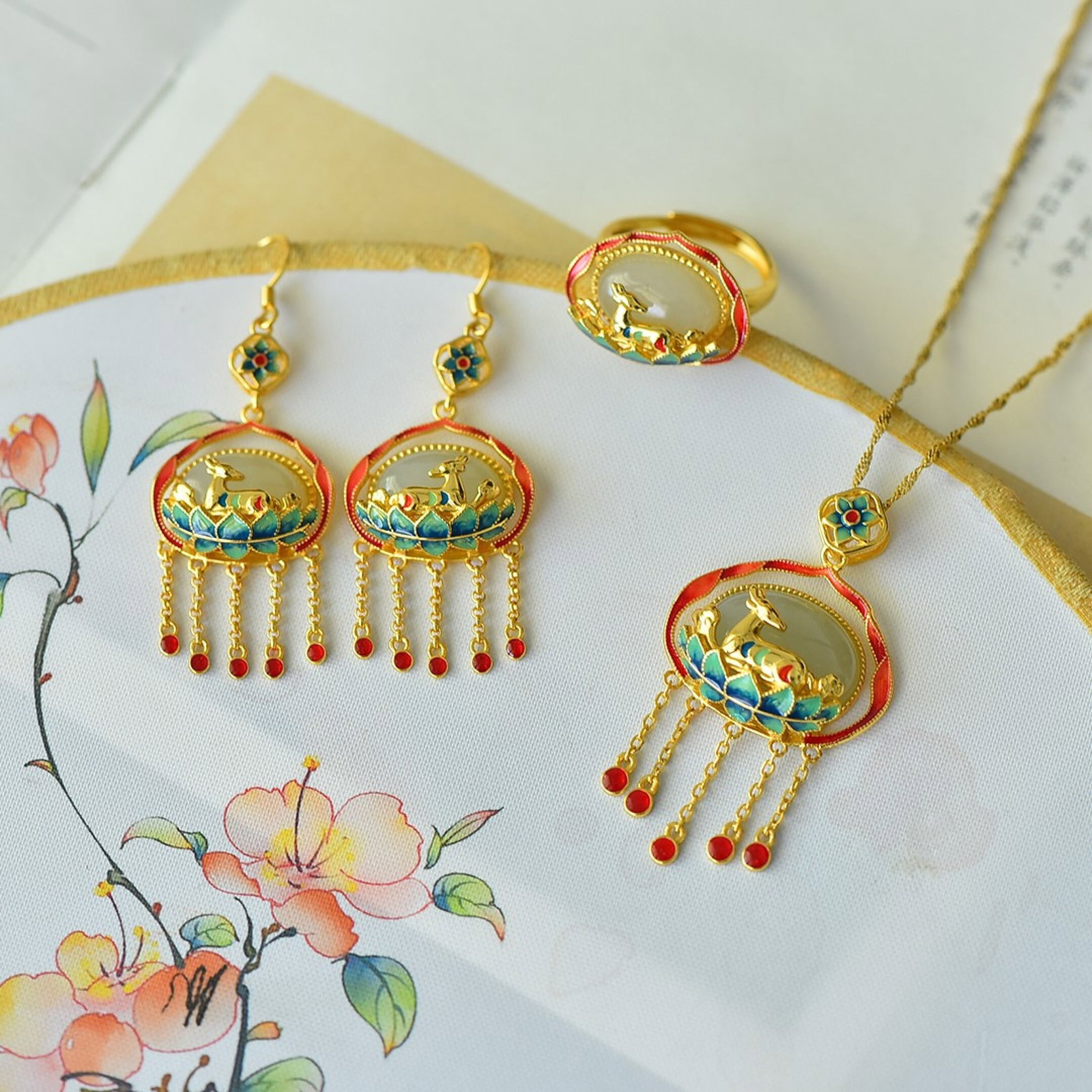 A Set of Fine Sterling Silver-Gold Plated Inlaid White Jade Jewelrys - 5