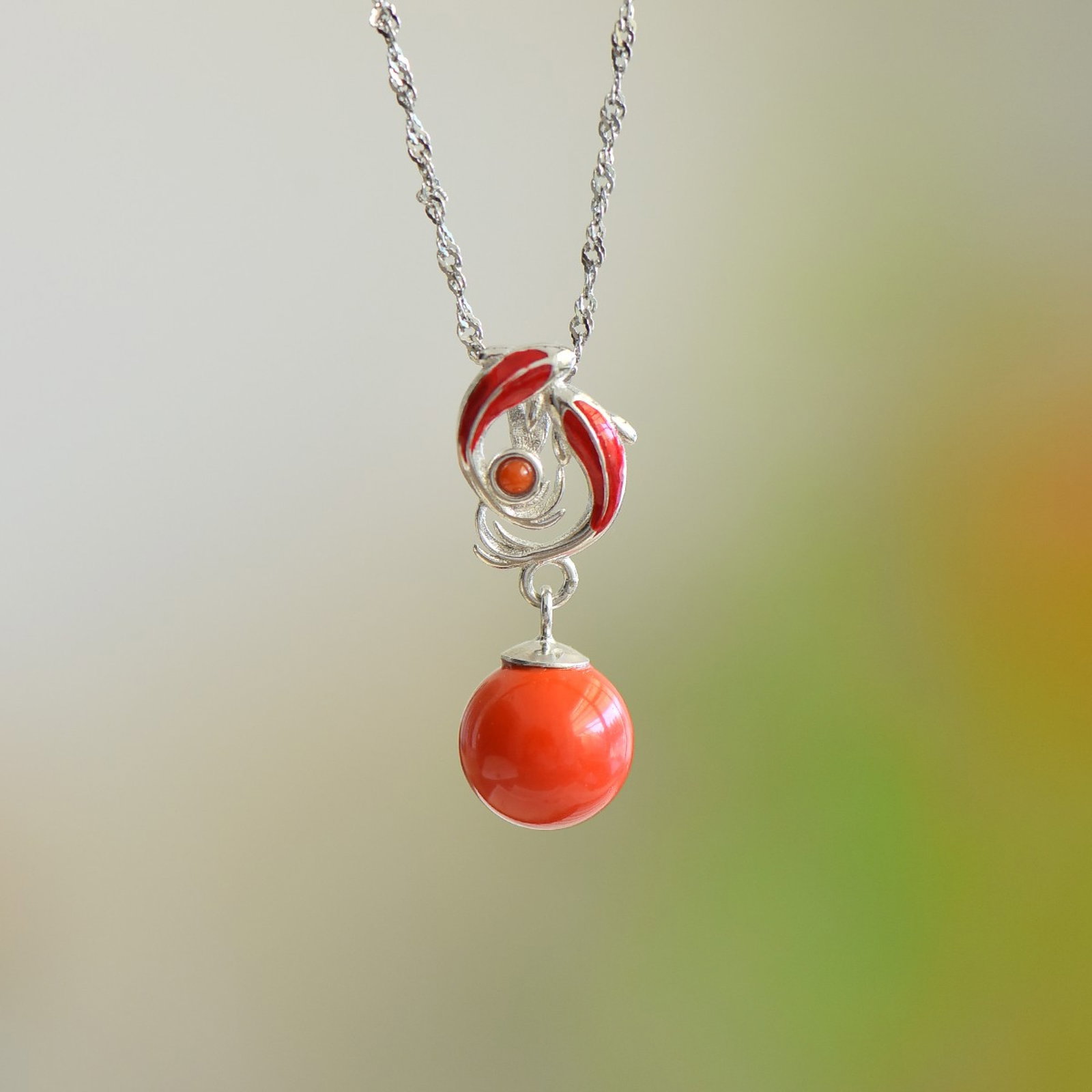 A Set of Fine Sterling Silver-Gold Plated Inlaid Cinnabar Jewelrys - 2