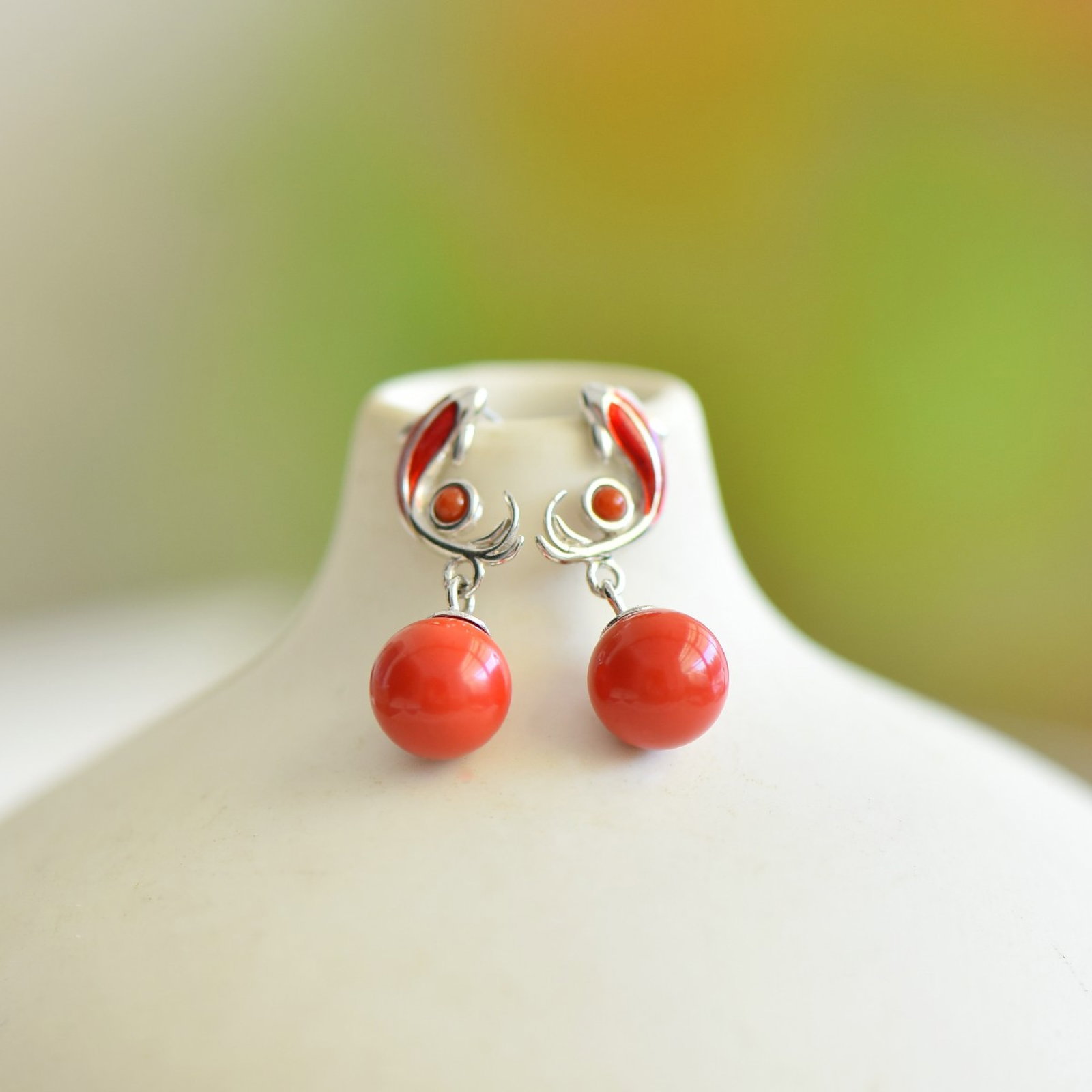 A Set of Fine Sterling Silver-Gold Plated Inlaid Cinnabar Jewelrys - 4