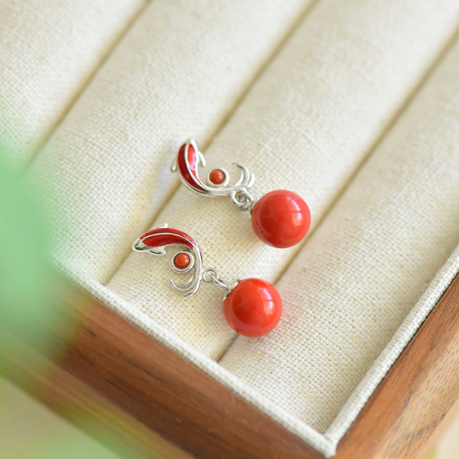 A Set of Fine Sterling Silver-Gold Plated Inlaid Cinnabar Jewelrys - 5