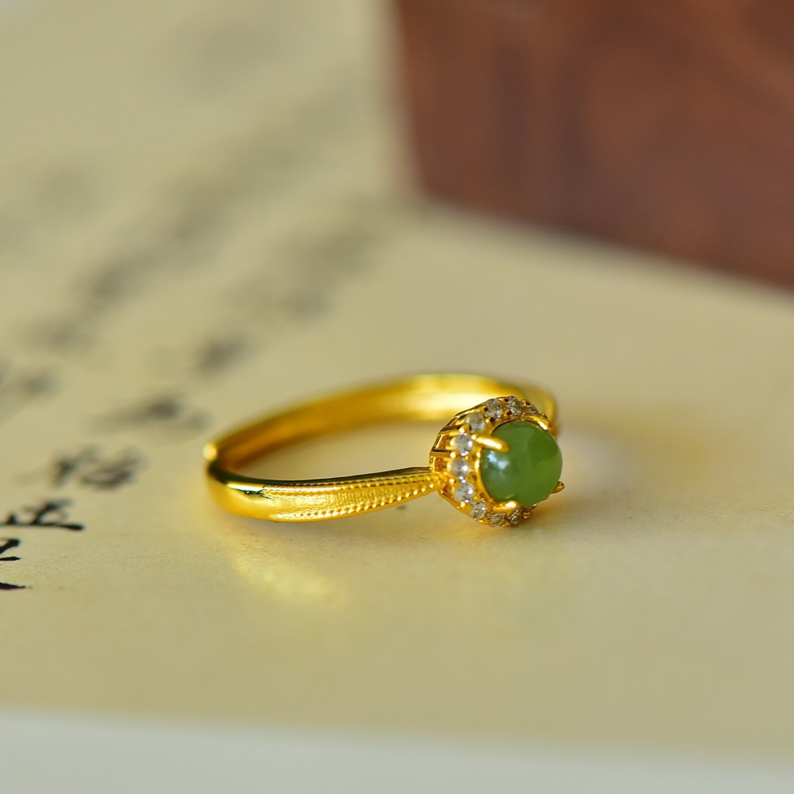 An Exquisite Sterling Silver-Gold Plated Inlaid Jasper Ring,Inlaid Diamond - 2