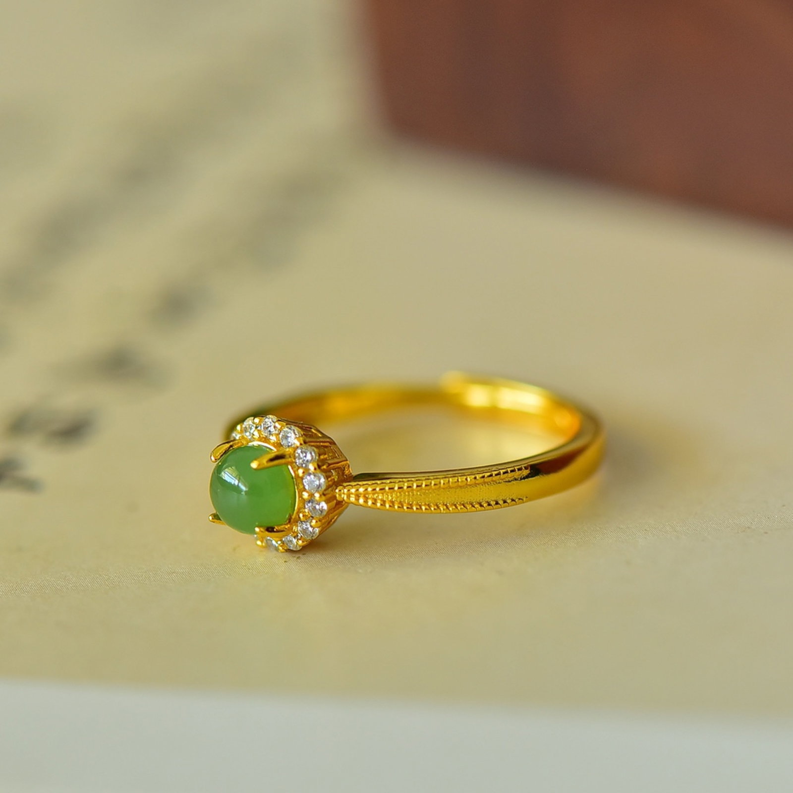 An Exquisite Sterling Silver-Gold Plated Inlaid Jasper Ring,Inlaid Diamond - 3