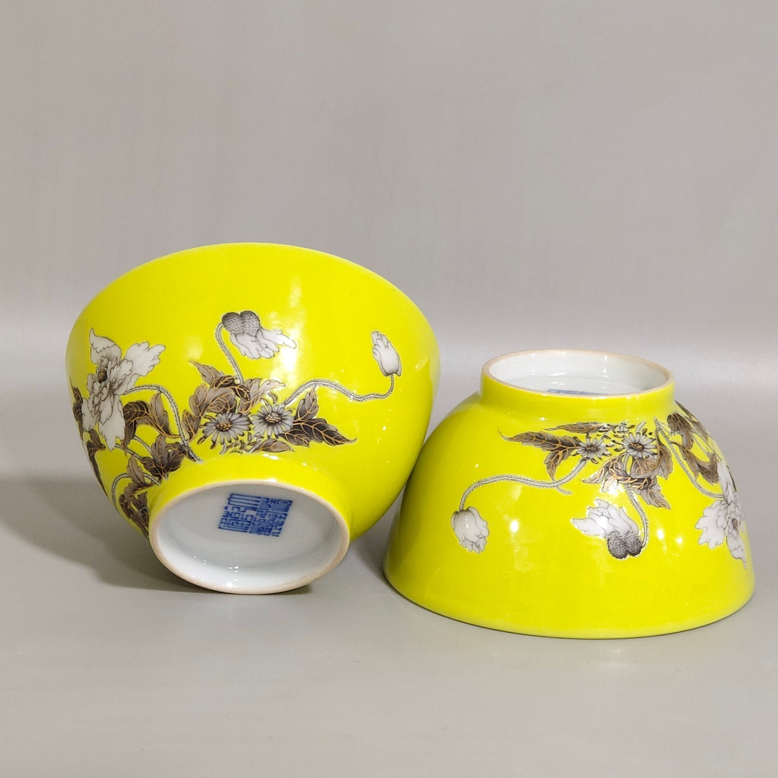 A Pair of Exquisite Yellow Glazed Ink Color Painted Gold Flower and Butterfly Pattern Cups - 3
