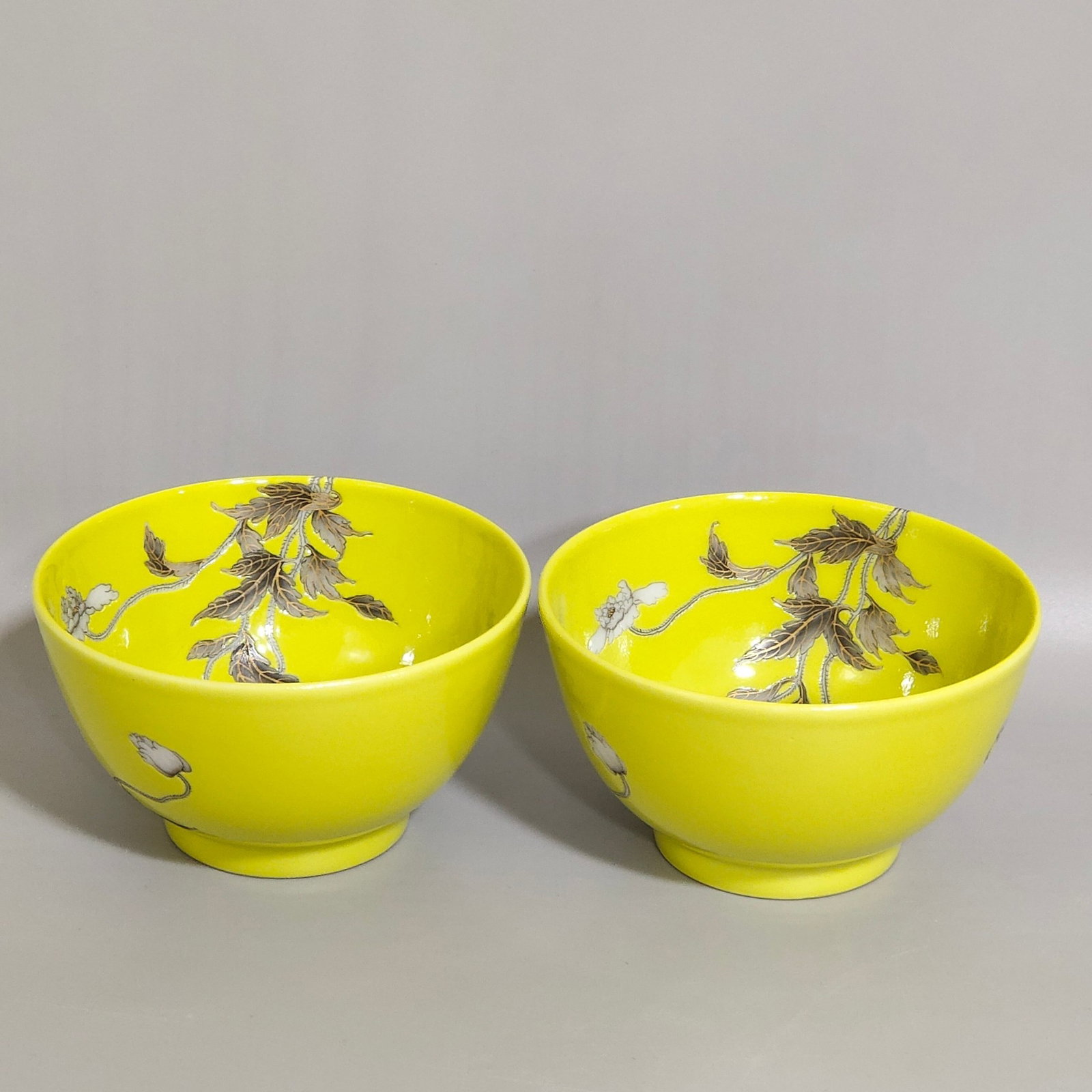 A Pair of Exquisite Yellow Glazed Ink Color Painted Gold Flower and Butterfly Pattern Cups - 5