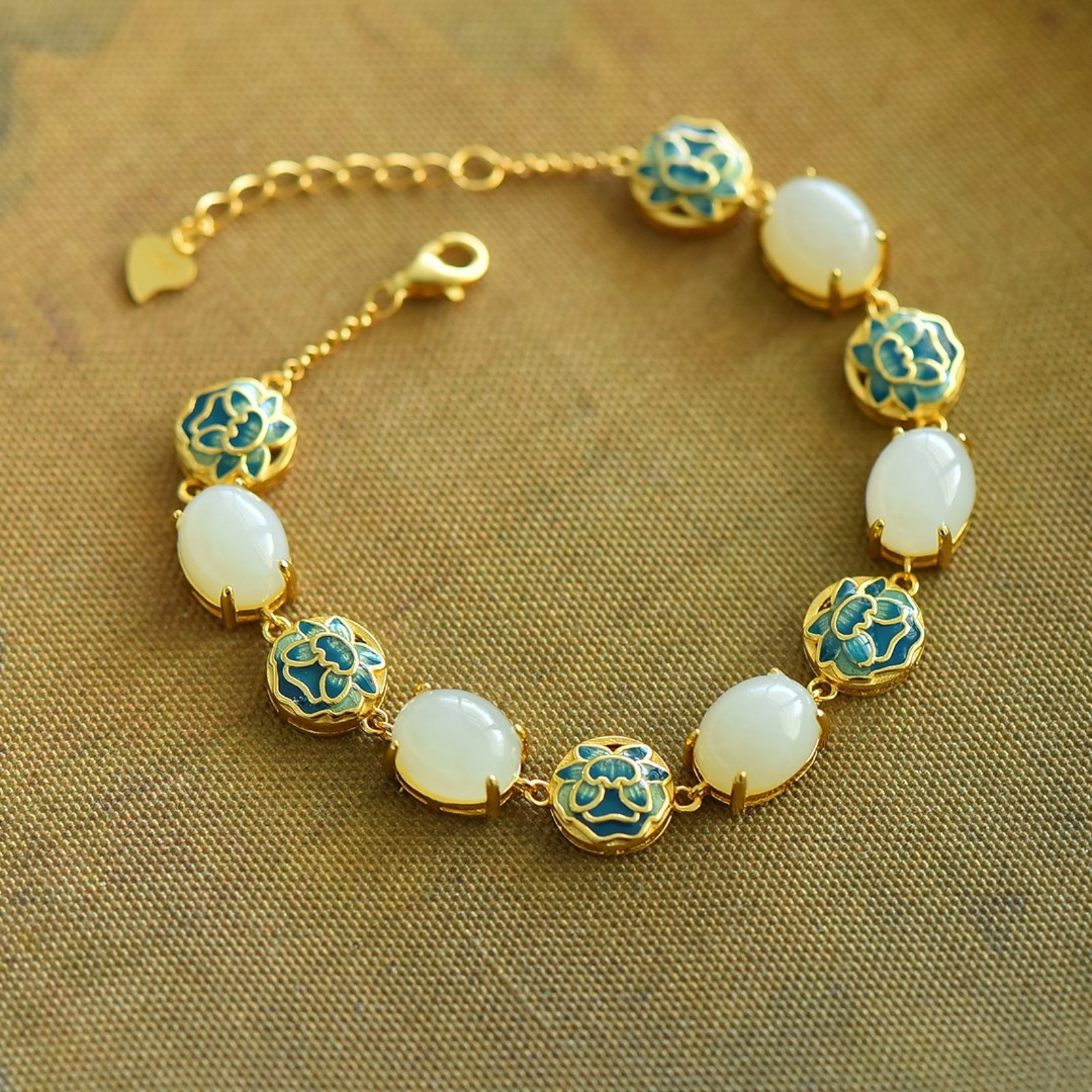 An Exquisite Sterling Silver-Gold Plated Inlaid White Jade Enamel Bracelets - 2