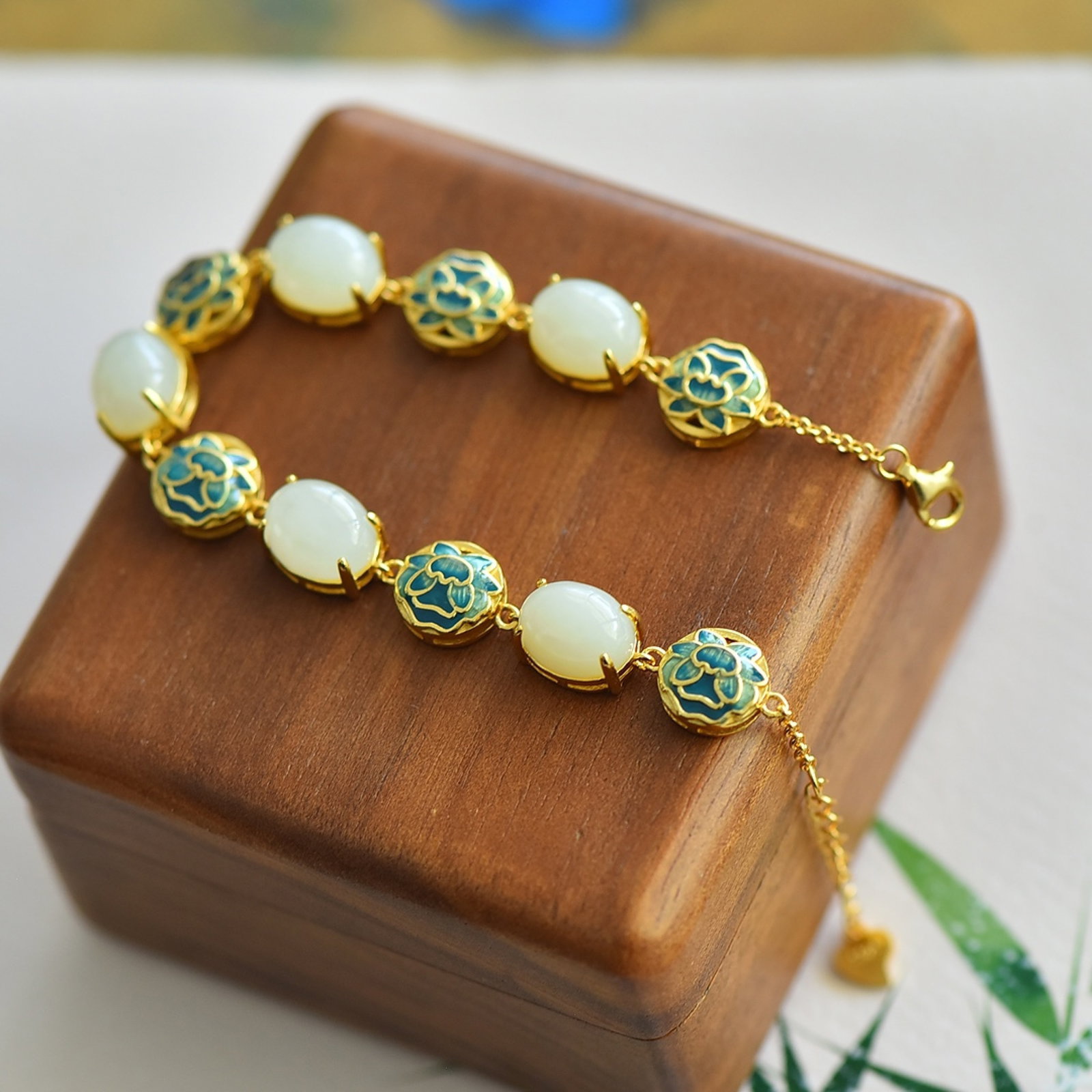 An Exquisite Sterling Silver-Gold Plated Inlaid White Jade Enamel Bracelets - 3