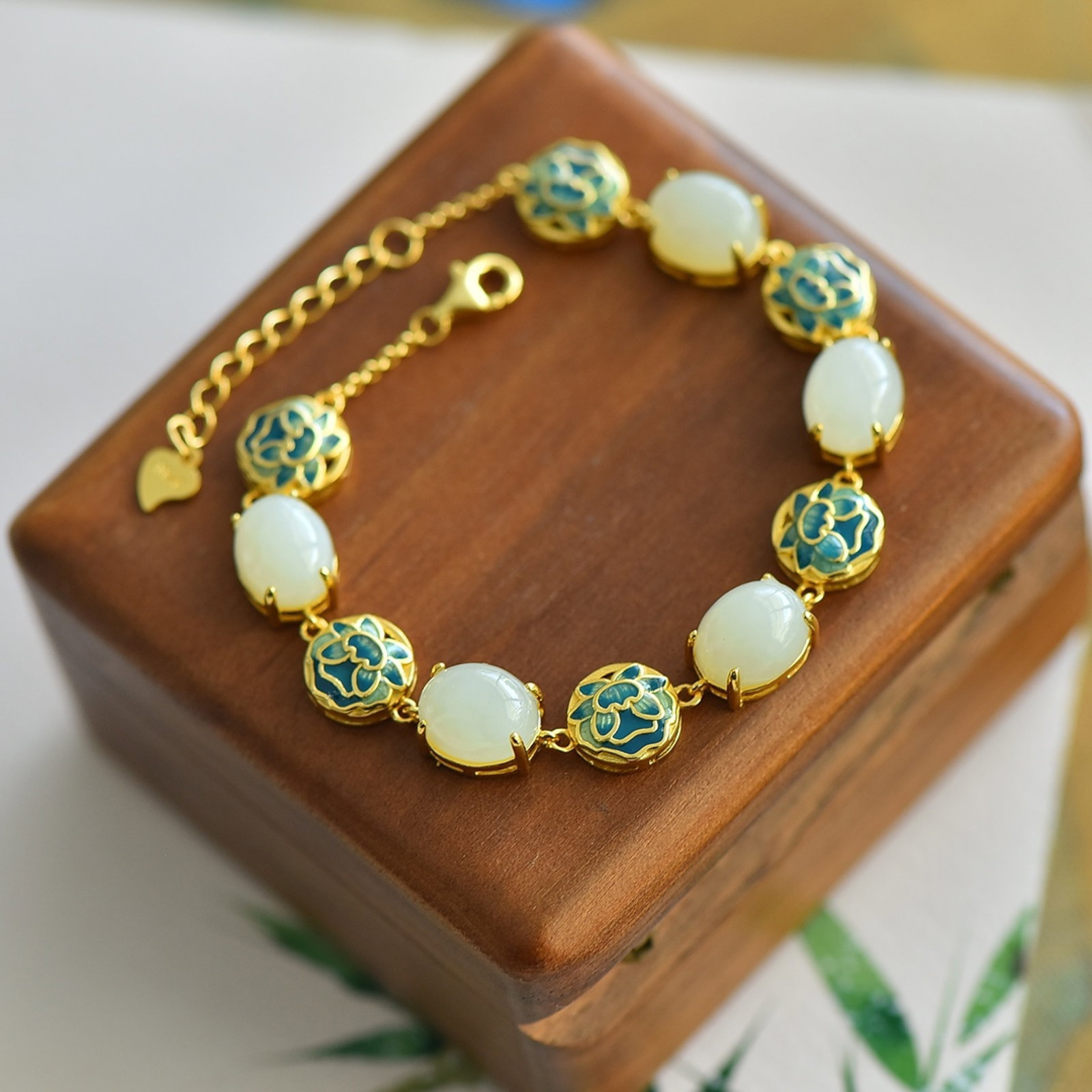 An Exquisite Sterling Silver-Gold Plated Inlaid White Jade Enamel Bracelets - 4