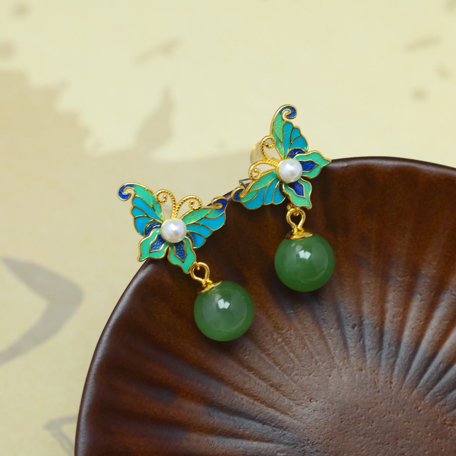 A Pair of Exquisite Sterling Silver-Gold Plated Inlaid Jasper Enamel Earrings,Inlaid Pearls - 5