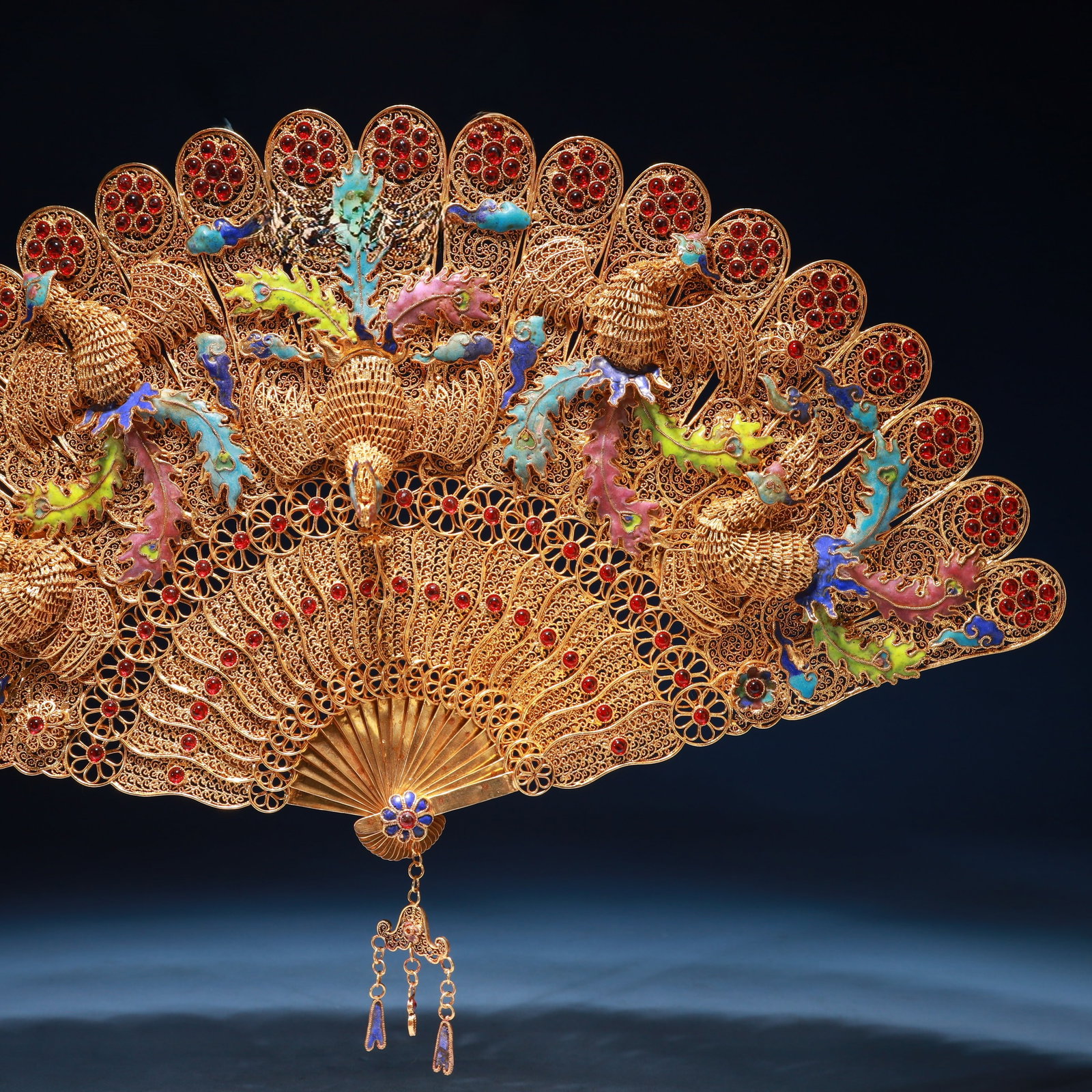 An Exquisite Filigree and Gilding Phoenix Pattern Fan,Inlaid Gems - 3