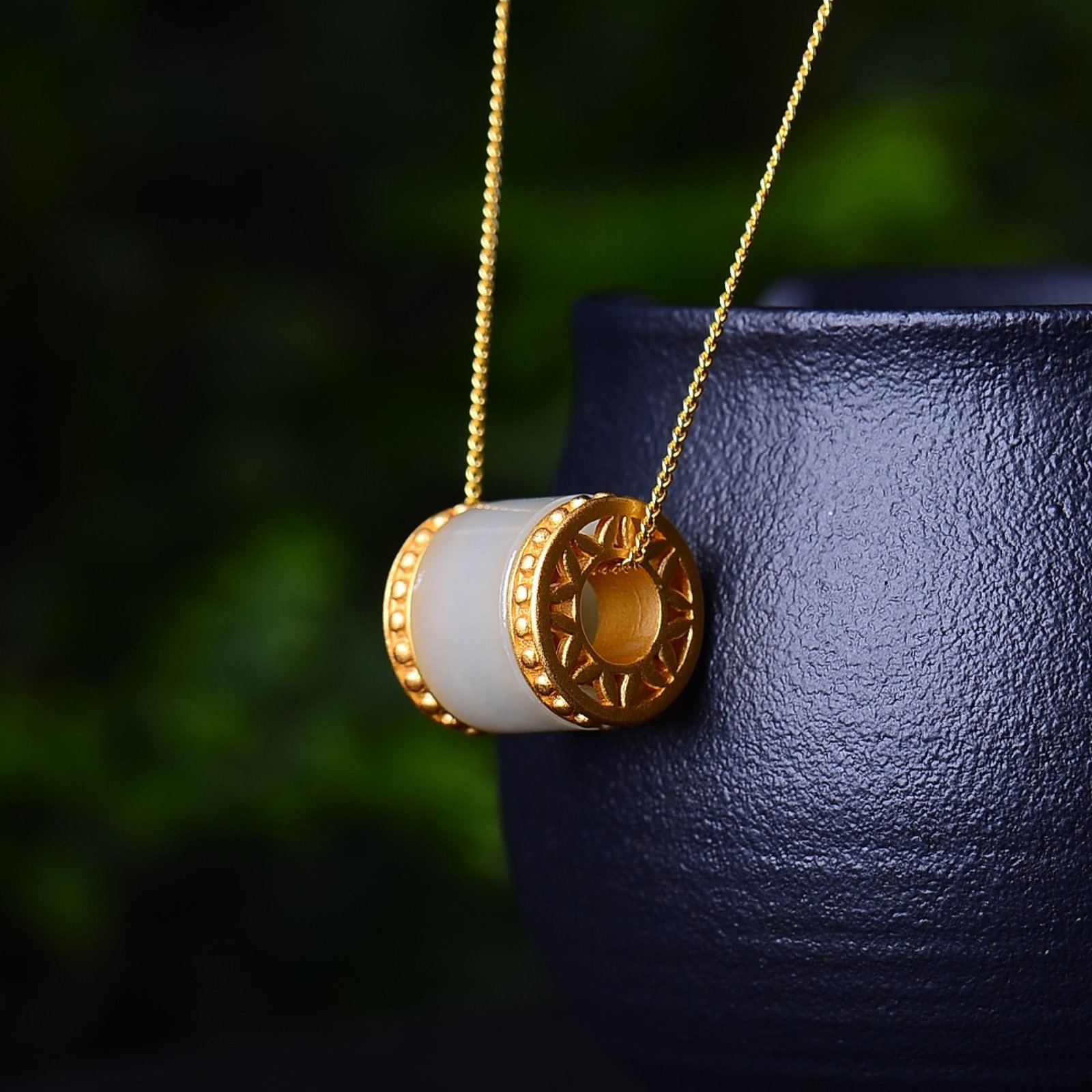 An Exquisite Sterling Silver-Gold Plated Inlaid White Jade Pendant - 5