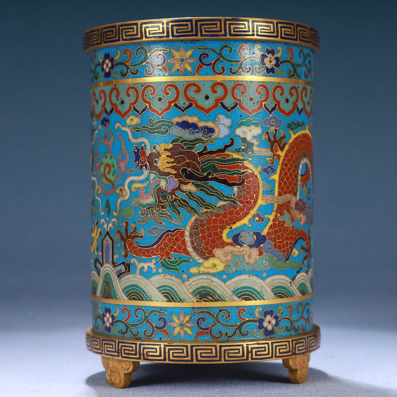 An Exquisite Cloisonne Seawater,Auspicious Cloud and Dragon Pattern Tripod Brush Pot - 2
